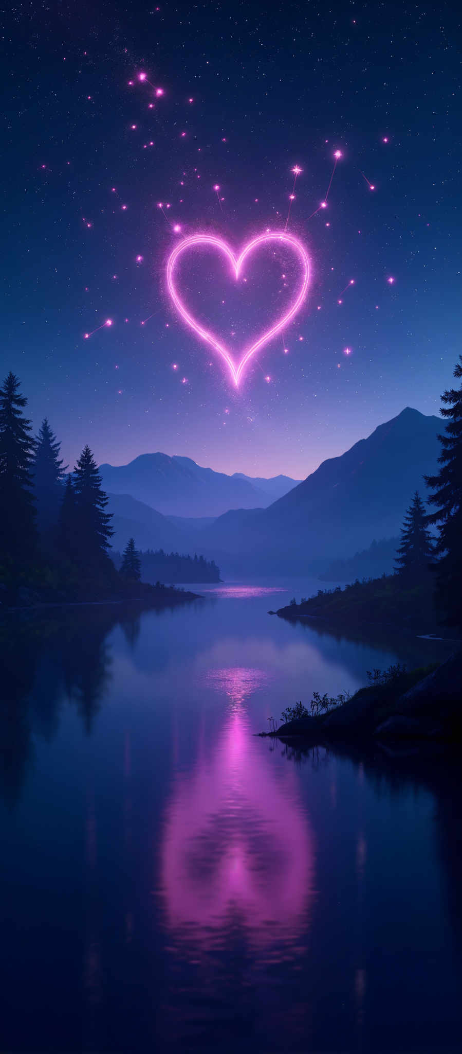 A serene night scene with a lake mountains and a heart-shaped light show.