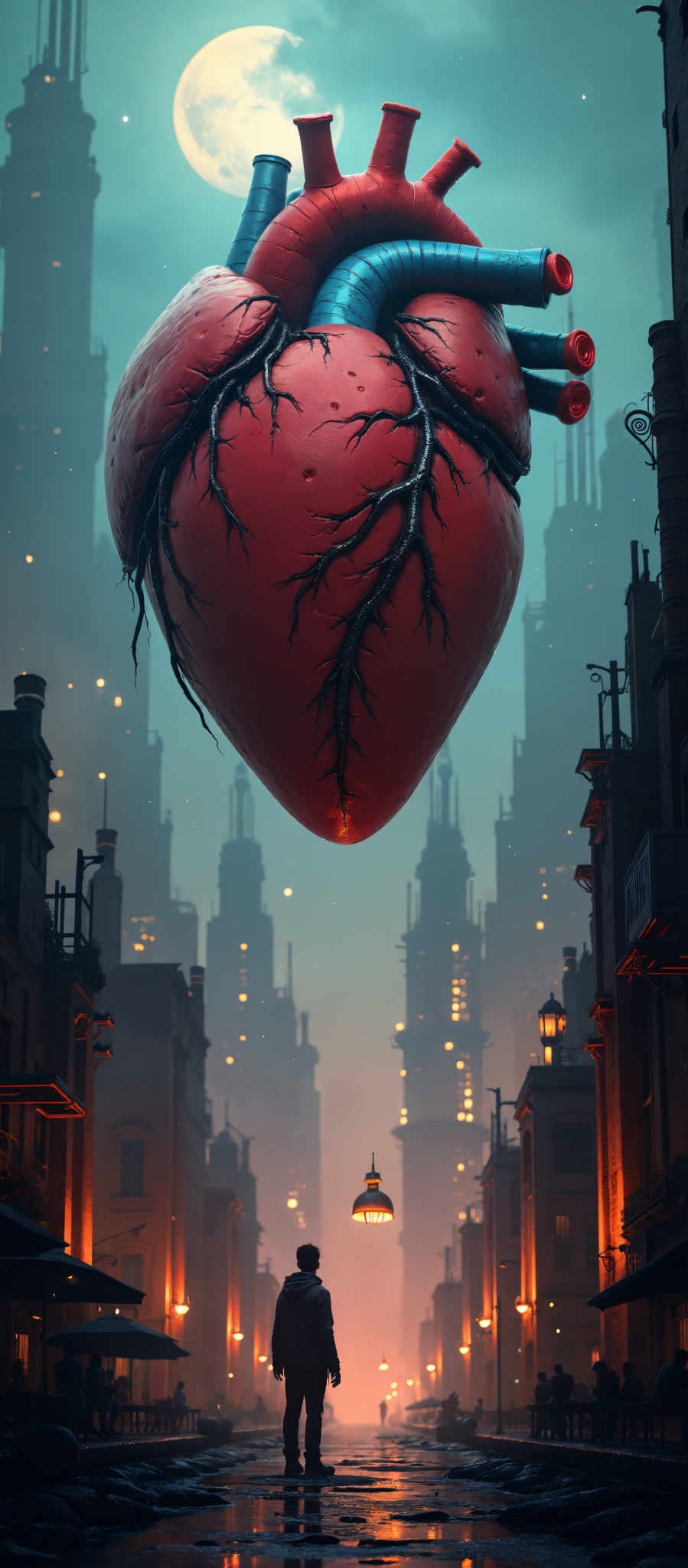 A heart with black veins is floating in the air above a city.