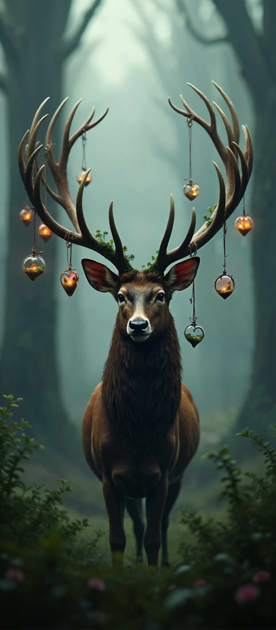 A deer with large antlers and a crown of greenery on its head. The deer is looking directly at the camera.