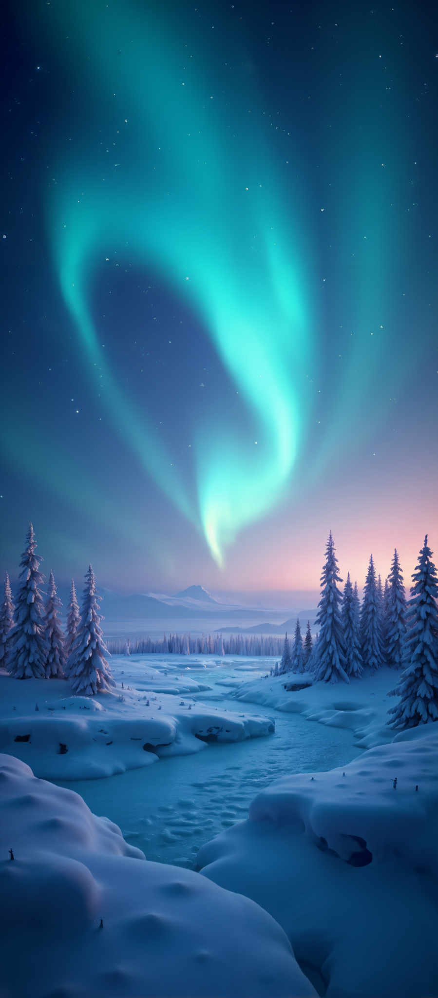 A snowy forest with a bright blue sky and a mountain in the distance.