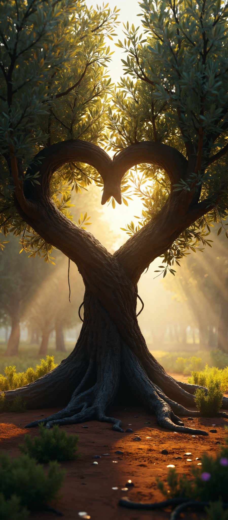 A heart-shaped tree with a rope tied around it.