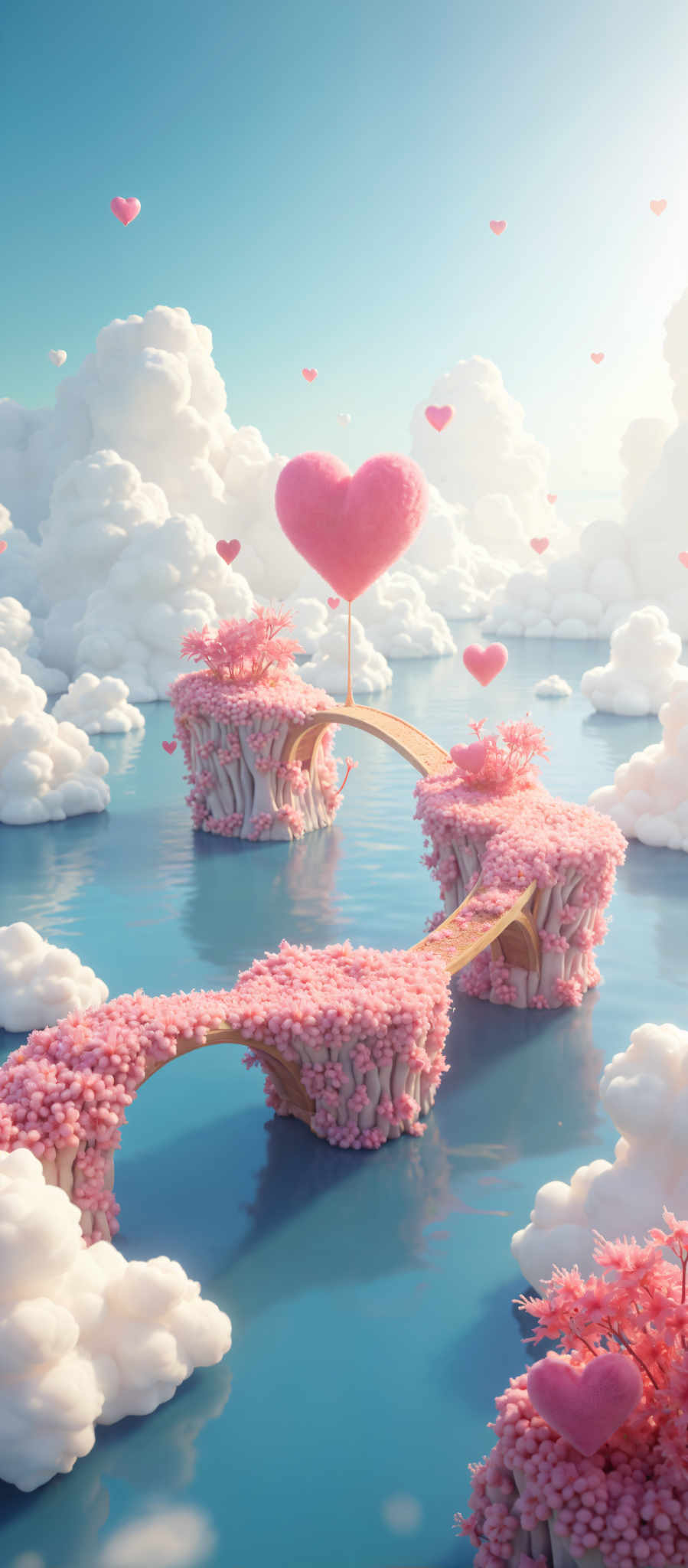 A surrealistic image of a pink heart-shaped balloon floating above a blue lake. The balloon is tethered to a pink and white structure that resembles a castle with a bridge leading to it. The castle is adorned with pink and red flowers and there are pink and blue hearts floating in the water. The sky is filled with white clouds and the overall scene is dreamlike and whimsical.