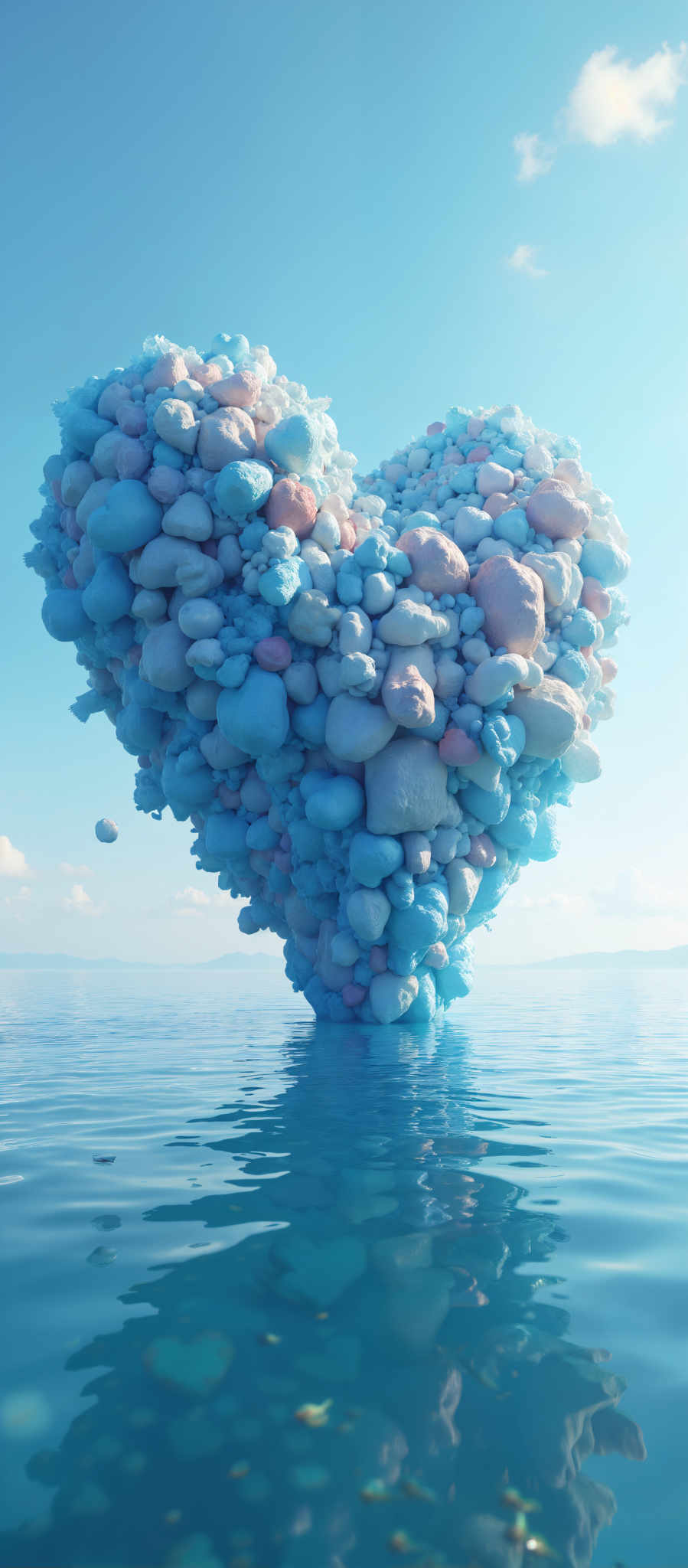 A large cluster of blue and pink balls floating in the water.