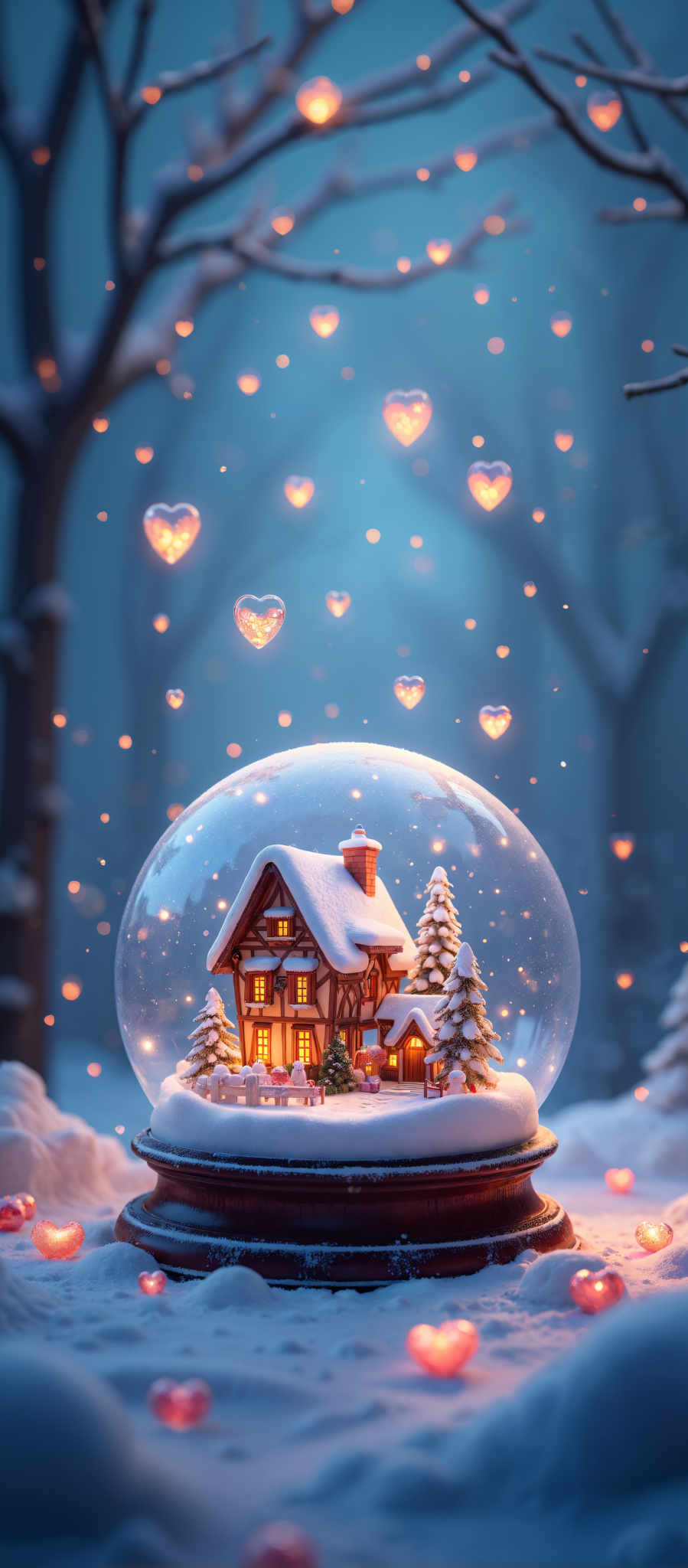 A snow covered house with a Christmas tree in front of it.