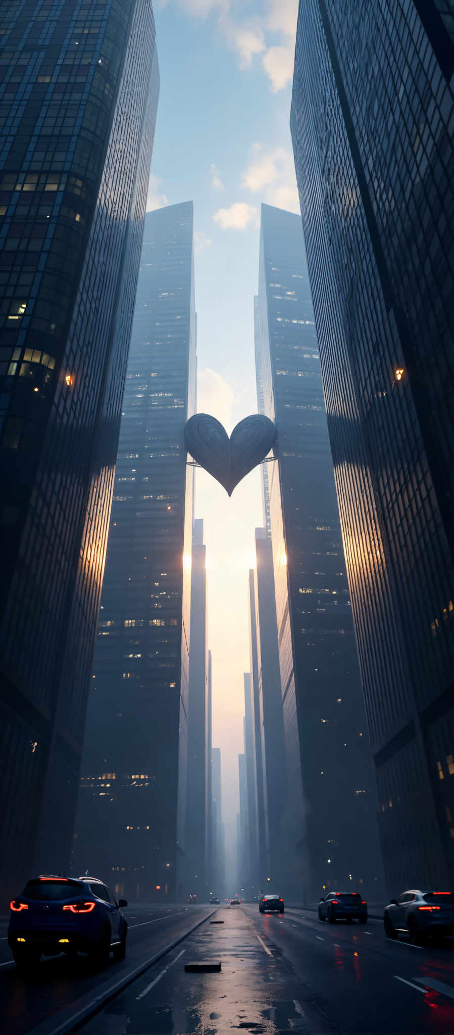 A heart-shaped sculpture is suspended between two tall buildings.