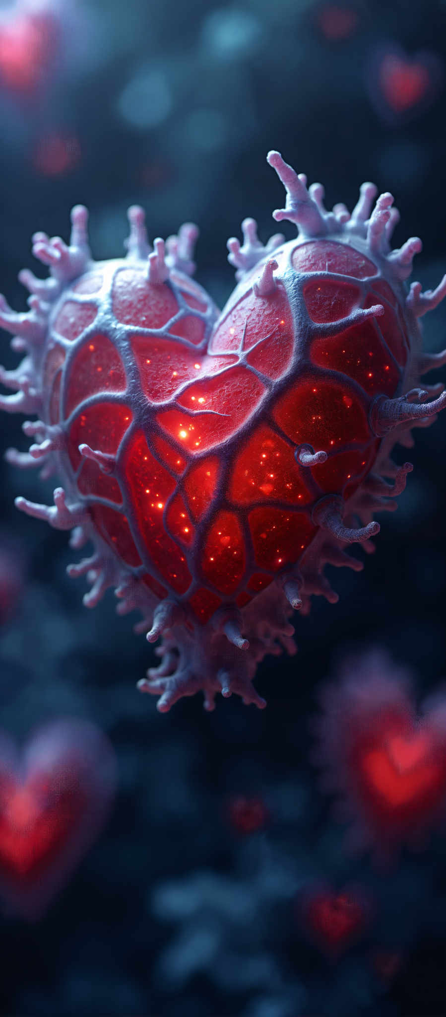 A close up of a heart with a red center and white veins.