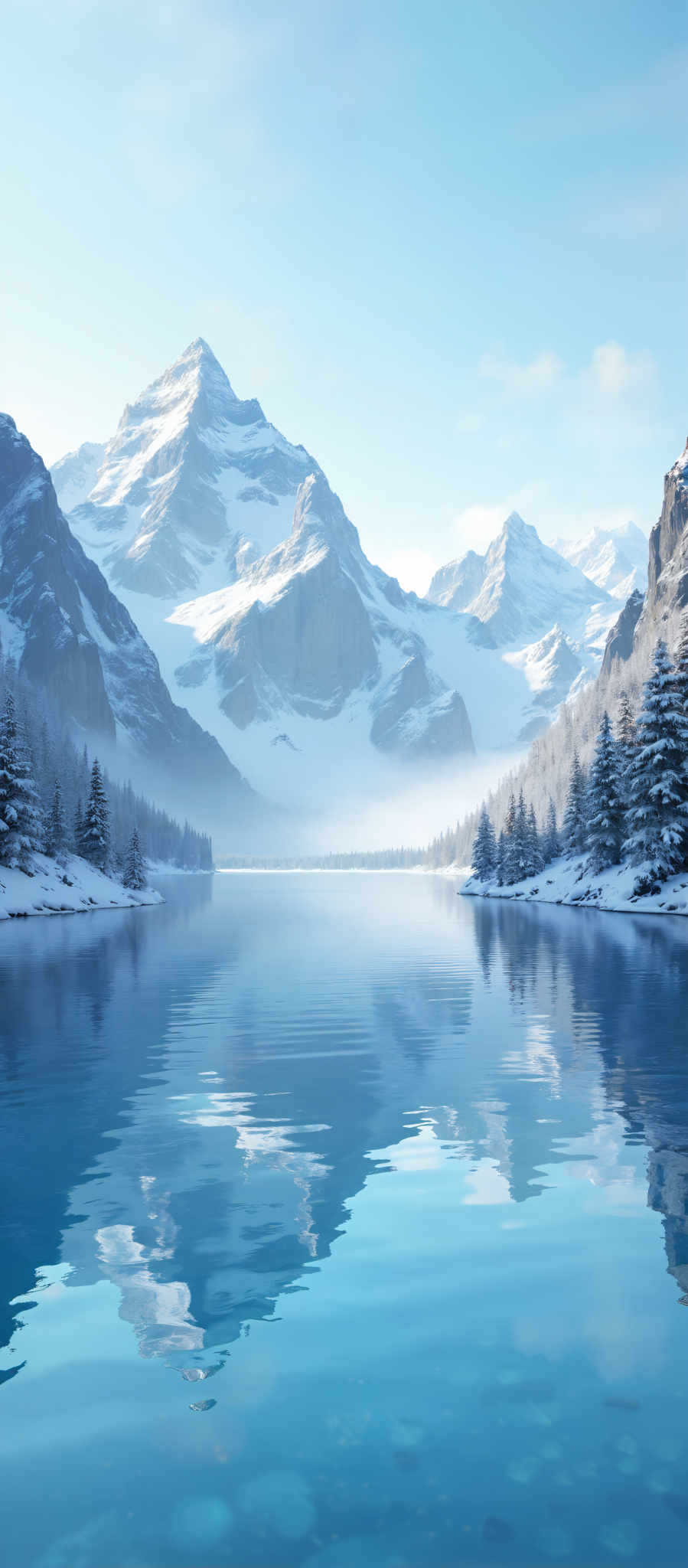 A serene mountain landscape with a lake in the foreground. The mountains are covered in snow and the sky is clear. The lake is calm and blue reflecting the sky. The trees on the mountains are bare suggesting it's winter. The image is taken from a high vantage point giving a panoramic view of the landscape. The colors in the image are predominantly blue white and green. The blue of the lake and the clear sky the white of the snow on the mountain and the green of the trees. The perspective of the photo is from above looking down on the lake. The photo is taken during the day as evidenced by the clear skies. The overall mood of the picture is peaceful and serene.