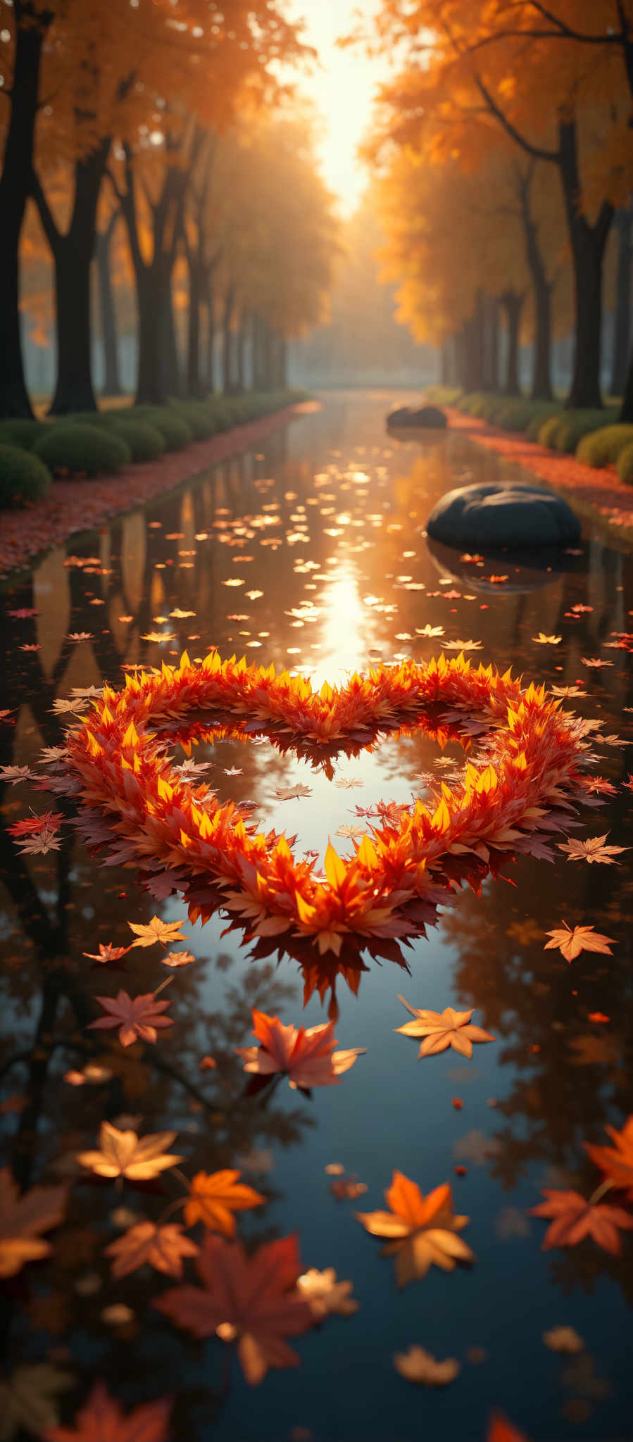 A heart made of leaves with a sunset in the background.