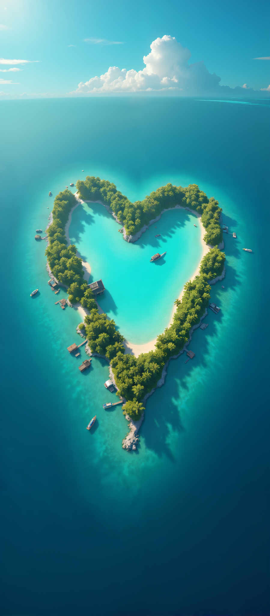 A heart-shaped island with a lagoon in the center. The island is surrounded by a blue ocean. There are several boats in the water and a few people can be seen on the beach. The beach is lined with palm trees and there are a few small buildings scattered around. The sky is clear and blue and the sun is shining brightly.