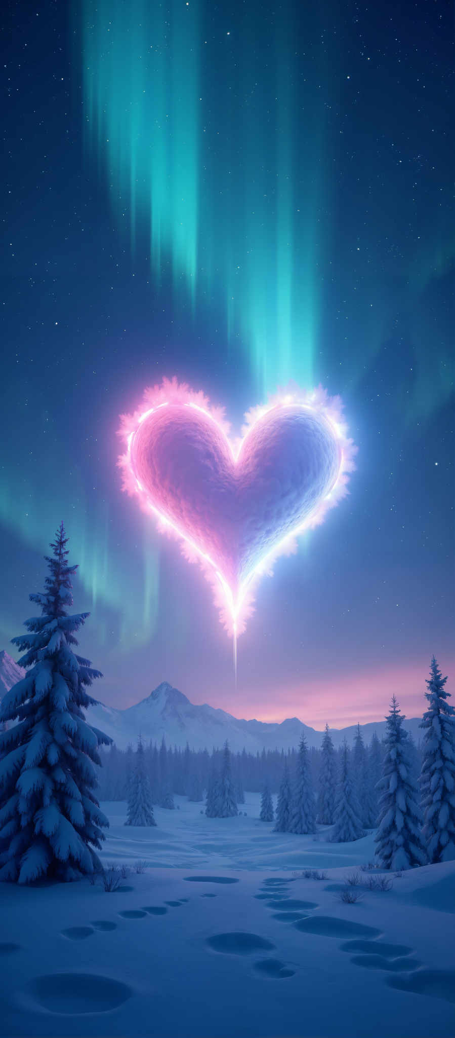 A heart-shaped light in the sky with a mountain in the background.