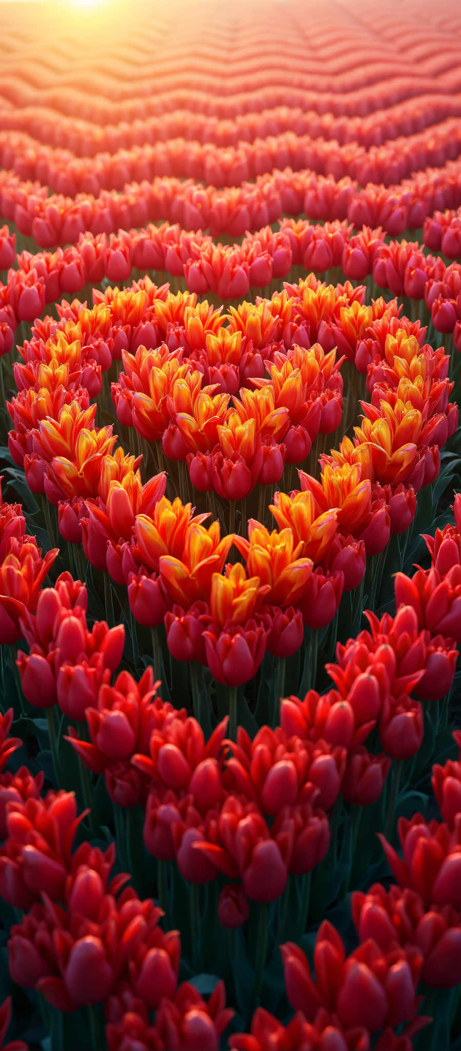 A vibrant display of tulips in shades of red and yellow.