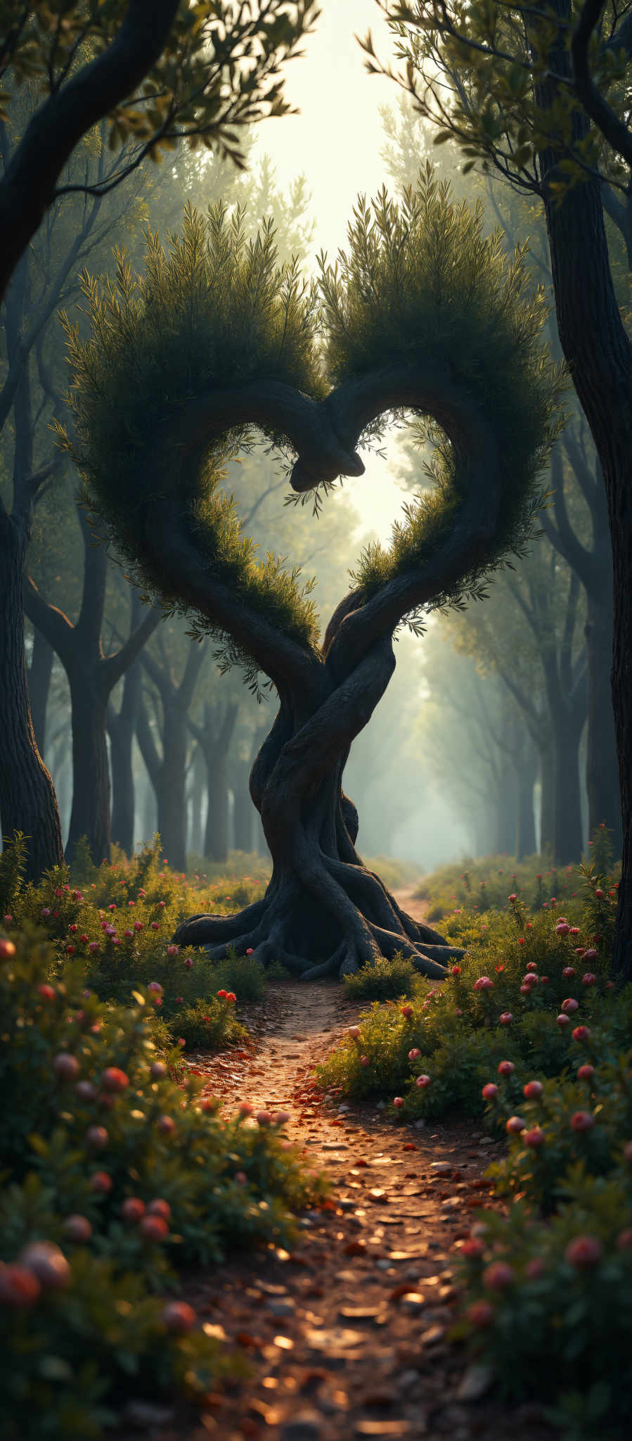 A heart-shaped tree with a twisted trunk and branches surrounded by a forest of trees and flowers.