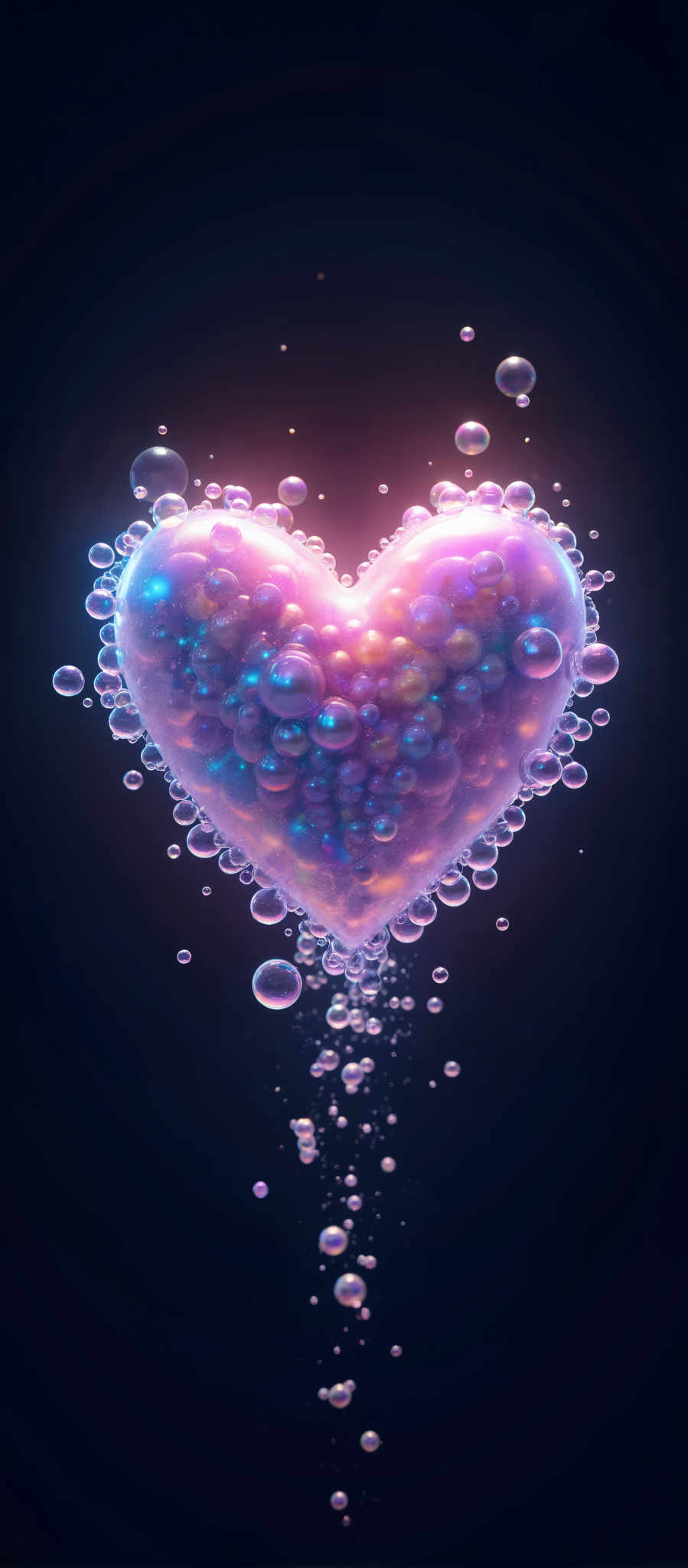 A heart-shaped image is composed of numerous small bubbles in various colors.