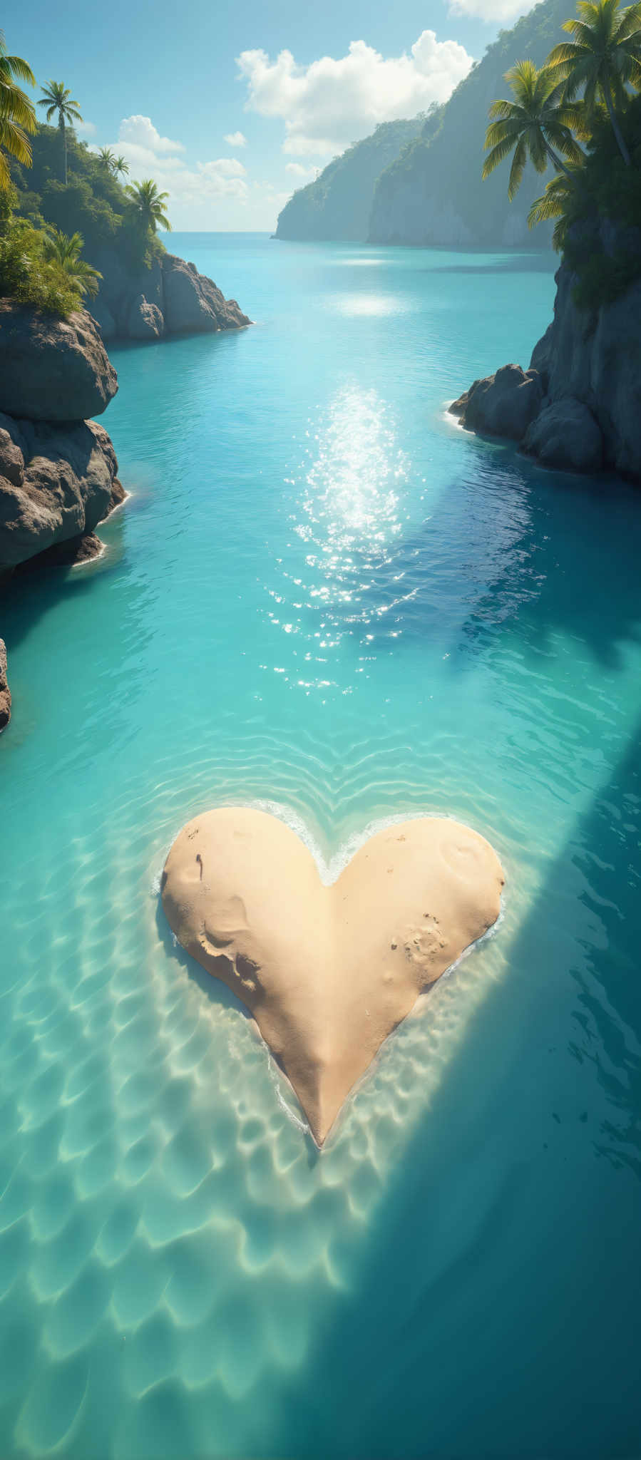 A heart-shaped rock formation in a body of water.