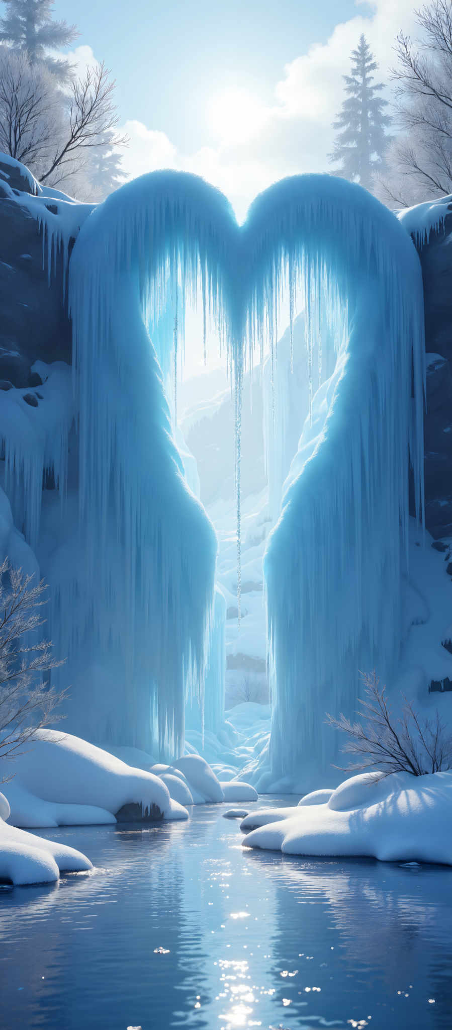 A beautiful view of a frozen waterfall with a bright light shining through it.