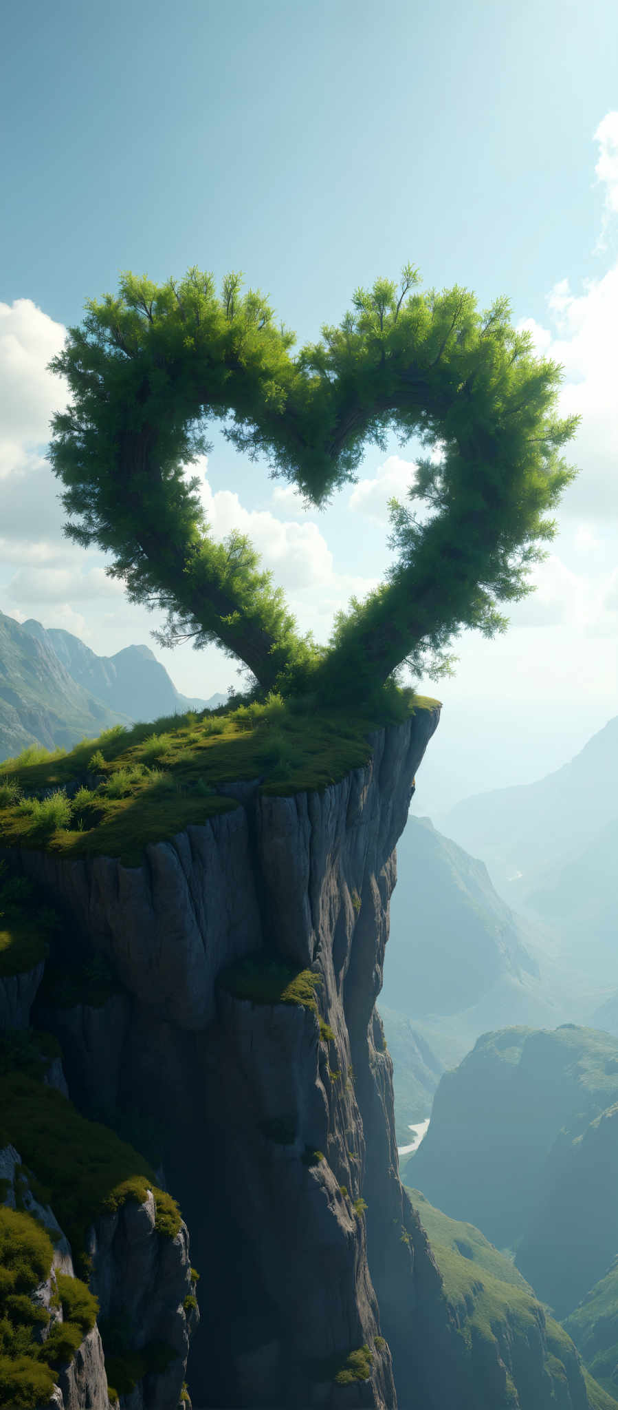 A heart-shaped tree on a cliff overlooking a valley.