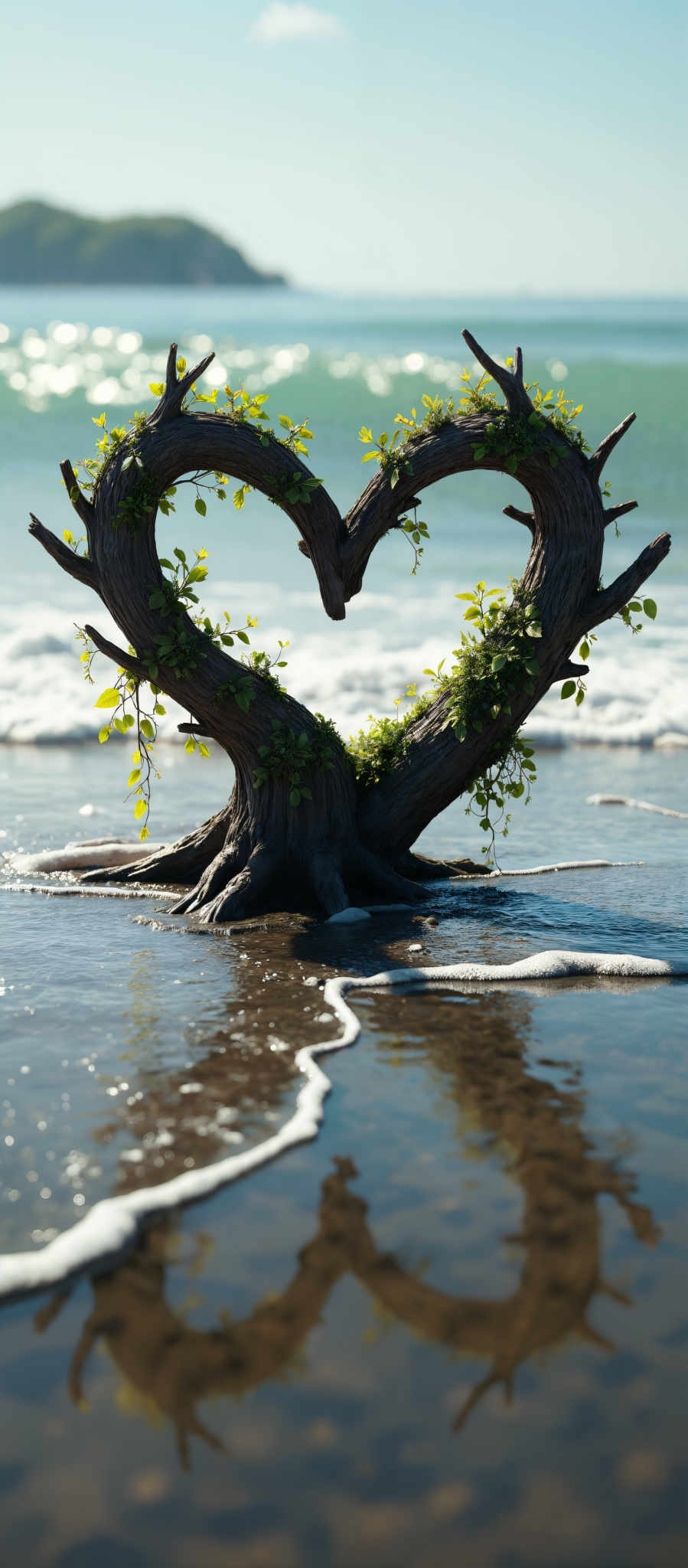 A heart-shaped tree with green leaves and yellow flowers.