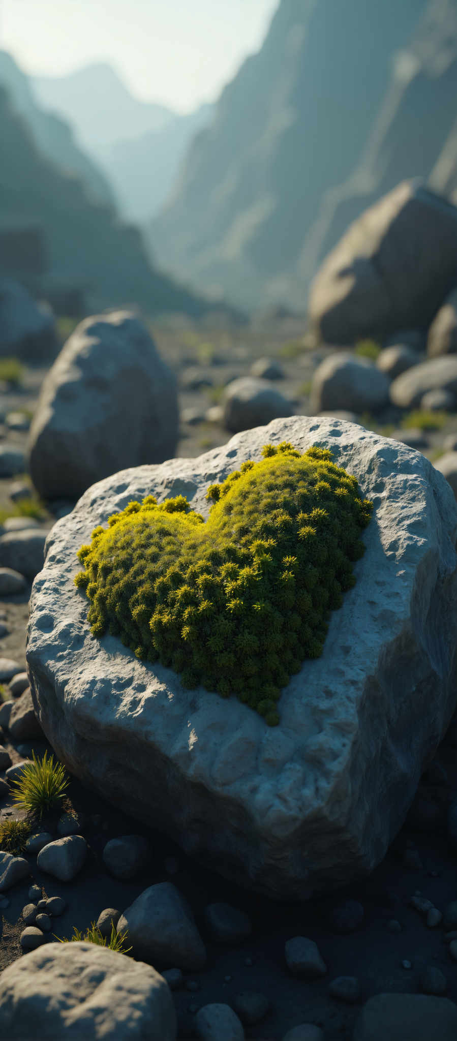 A heart-shaped plant with yellow and green leaves is growing on a large rock.