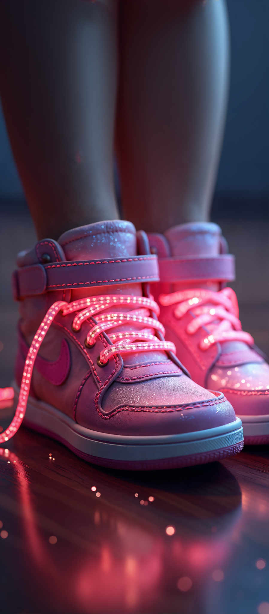 A pair of pink Nike sneakers with a light-up sole.