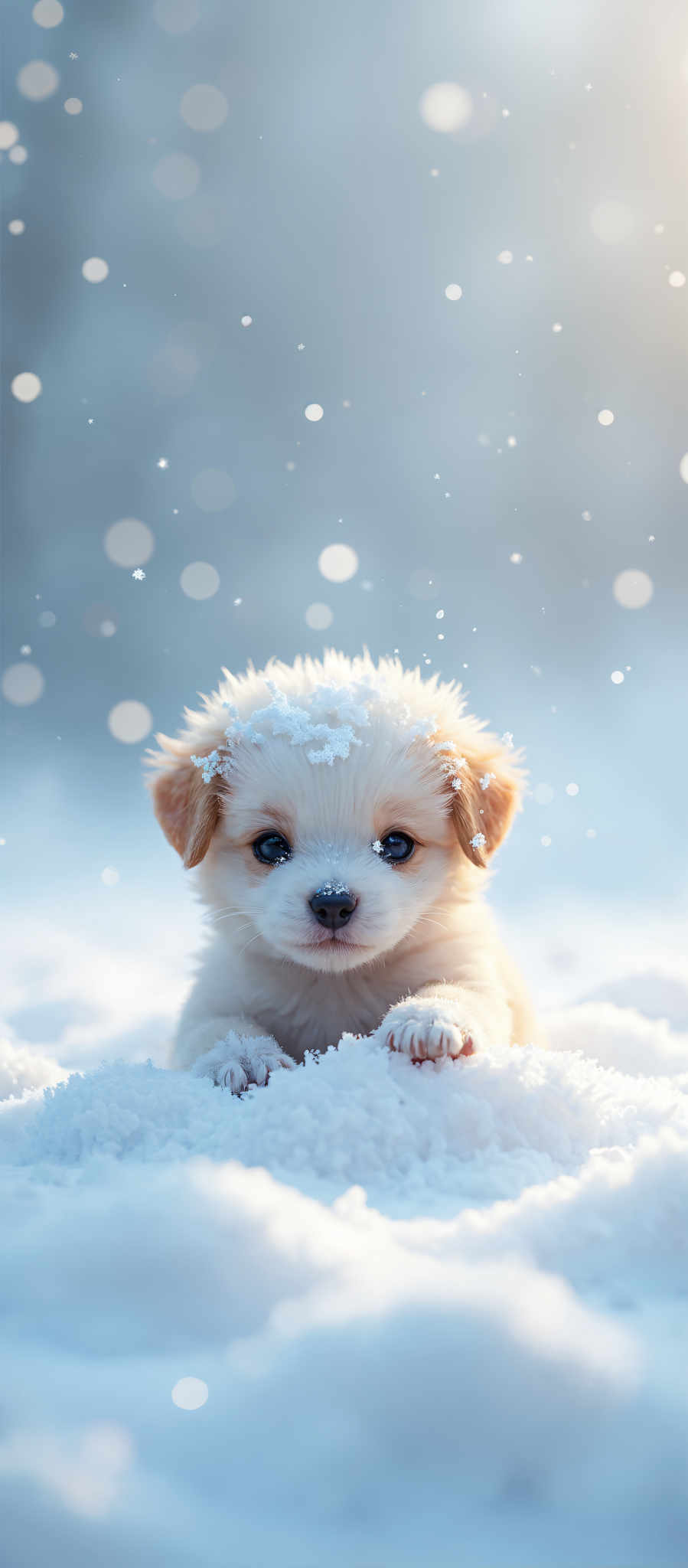 A small white puppy with snow on its head and paws.