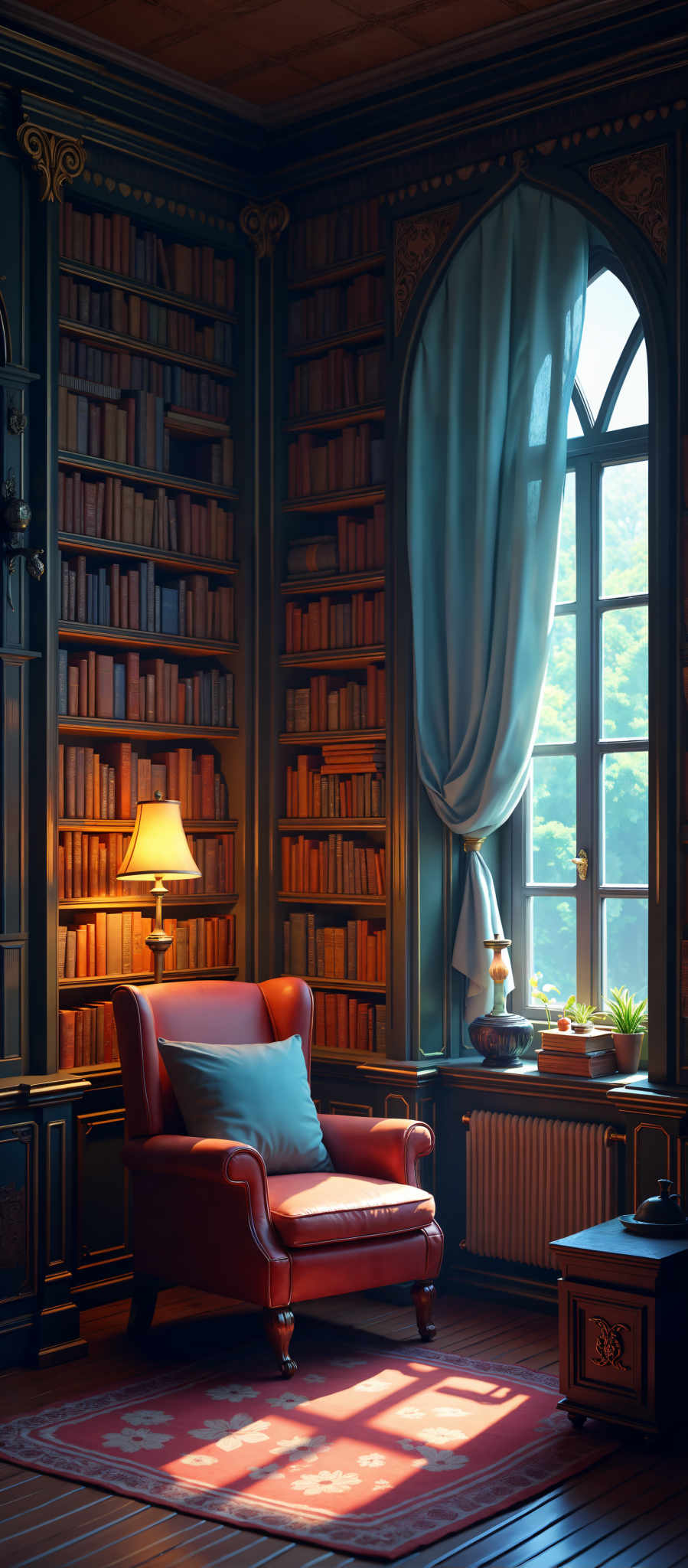 A cozy room with a large window that offers a view of trees. The window is adorned with a blue curtain. The room is filled with bookshelves that are brimming with books. A red armchair is positioned in front of the bookshelve with a lamp and a vase on a side table. The lamp is turned on casting a warm glow in the room. The vase is filled to the brim with flowers. The overall atmosphere of the room is one of comfort and tranquility.