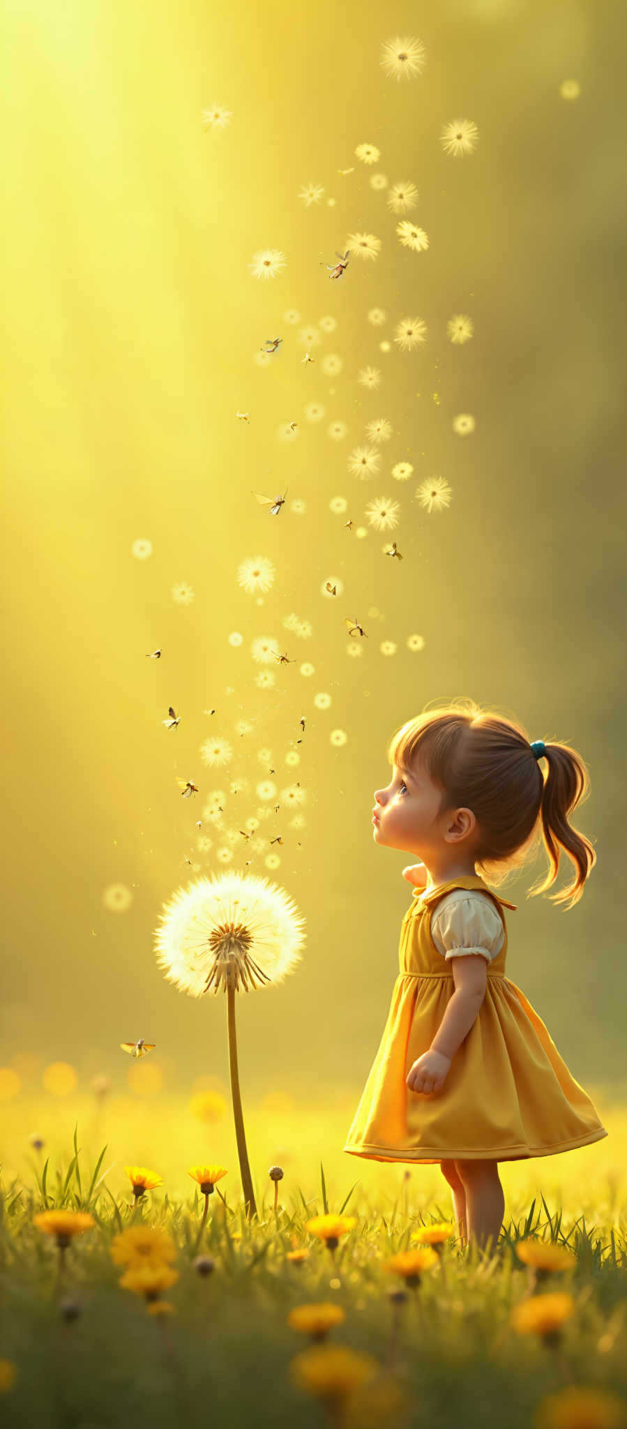 A young girl in a yellow dress watches as dandelions blow away.