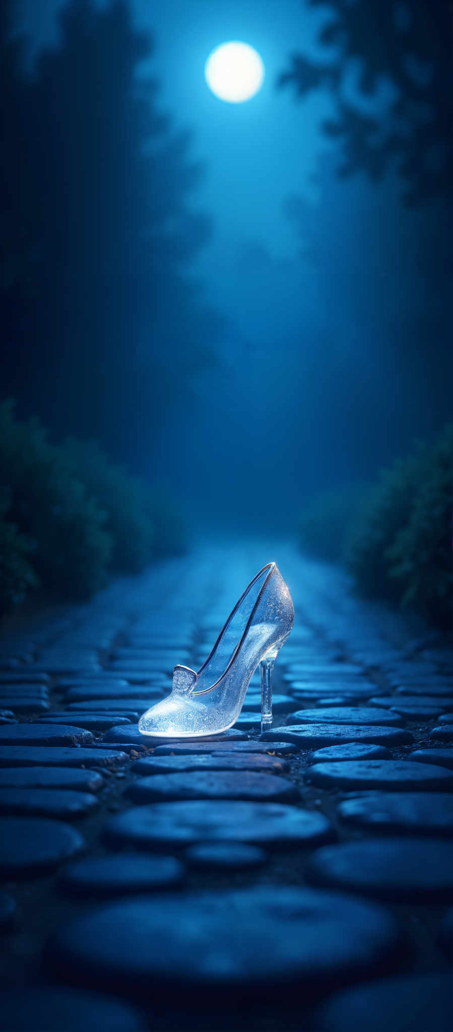 A single clear glass high heel shoe is the focal point of this image. It's placed on a cobblestone path that's wet possibly from a recent rain. The path is surrounded by bushes and trees all of which are also wet suggesting that the photo was taken at night. The background is dark with the only source of light being a blue light that's shining down on the path. This light casts a cool ethereal glow on the scene highlighting the shoe and the wet cobblestones. The overall atmosphere is serene and somewhat mysterious.