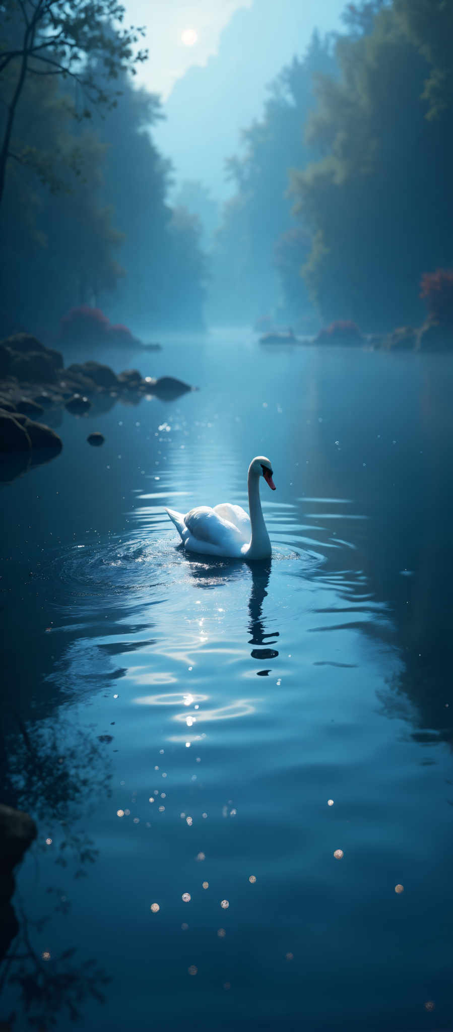 A white swan swimming in a blue lake.