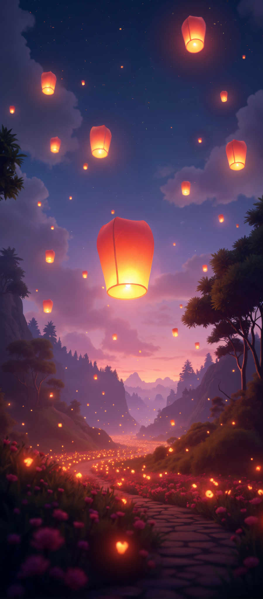 A beautiful scene of a sunset with a red lantern flying in the sky.