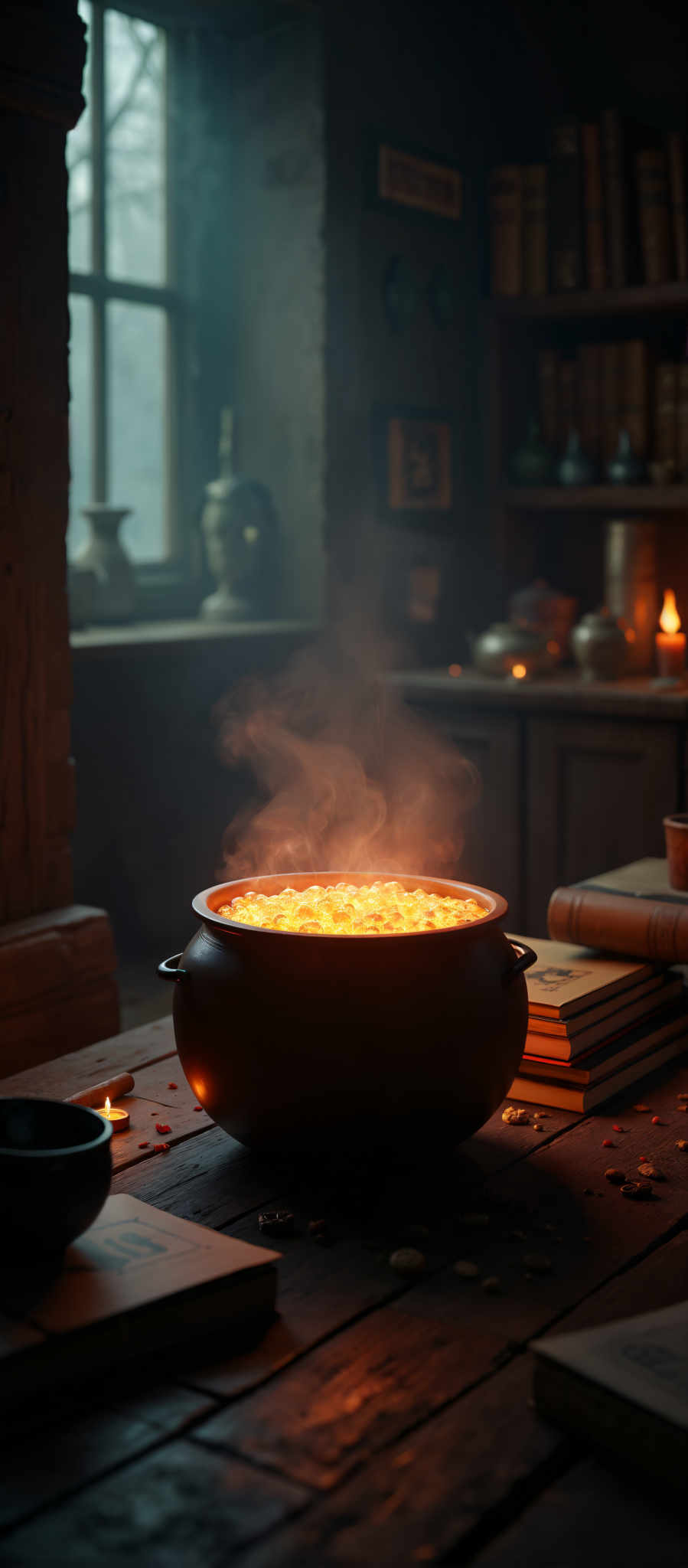 A black pot with a yellow substance inside it is on a table. The pot is emitting smoke. The table is covered with red rose petals. There are books and candles on the table.