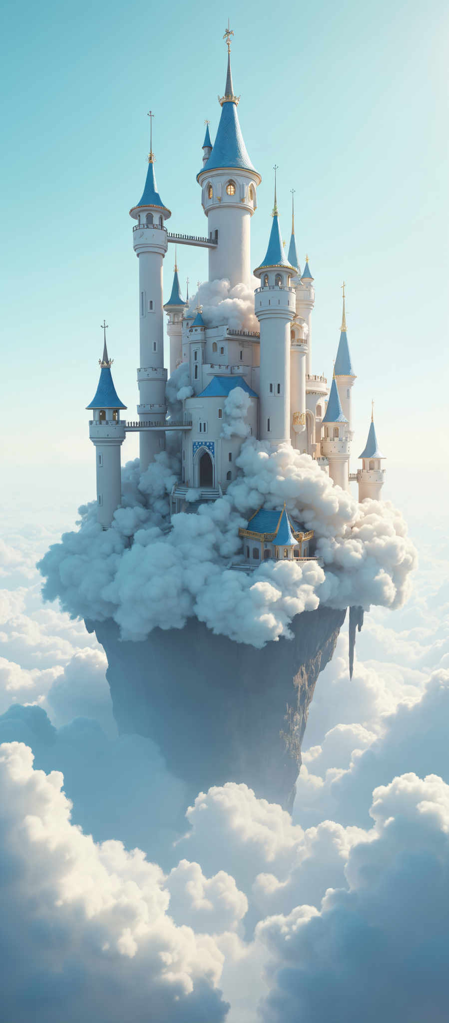 A castle made of white and blue bricks is perched on a cloud. The castle has four towers and a flag is flying from the highest tower. The cloud is surrounded by fluffy white clouds.