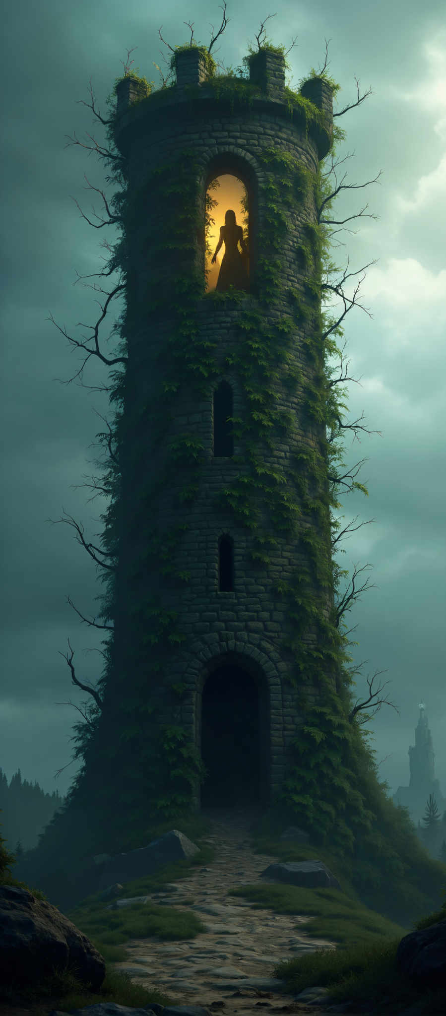 A tall tower with ivy growing on it. The tower is made of stone and has a small window near the top. The sky is cloudy and the tower is lit up by a light at the top giving it a mysterious appearance.