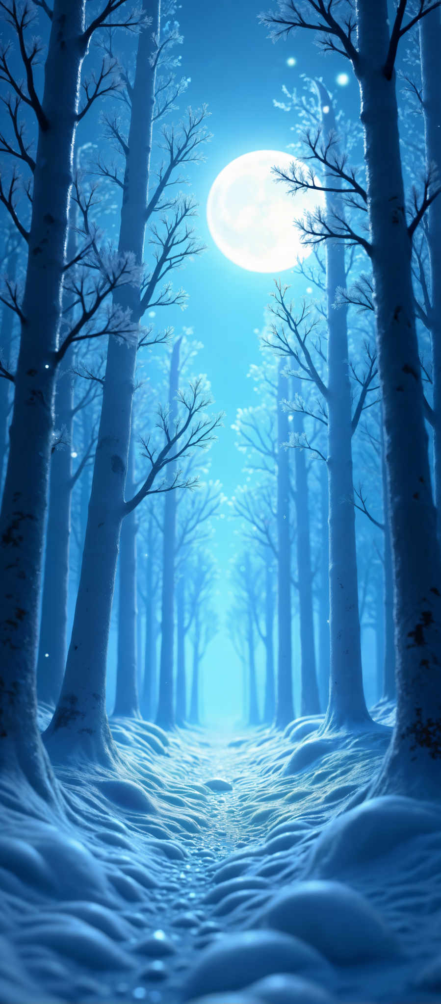 A forest of tall trees with snow on the branches. The trees are blue and white. The sky is blue and clear. The ground is covered in snow. The image is a digital illustration.