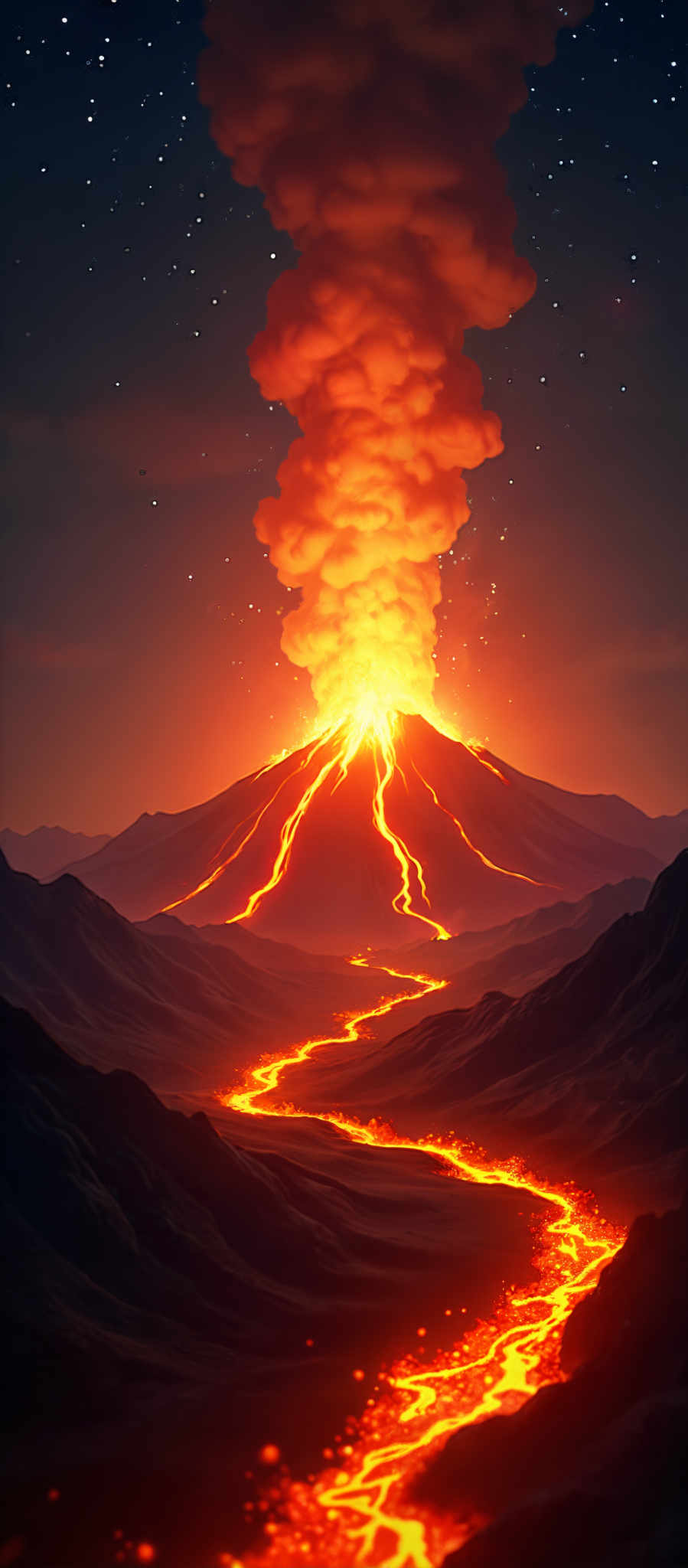 A digital illustration of a mountain with a large explosion on top. The mountain is surrounded by a river that is flowing through the landscape. The explosion is bright orange and is located on the peak of the mountain. The sky is dark and the background is filled with stars. The image is a digital illustration.