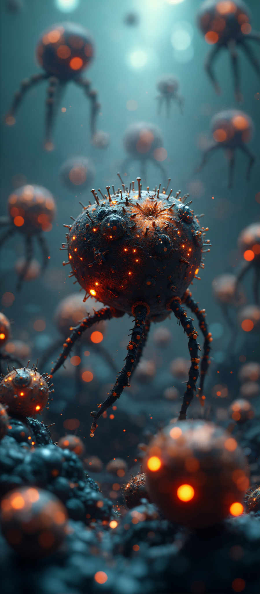 A close up of a virus with spikes and glowing orange dots.