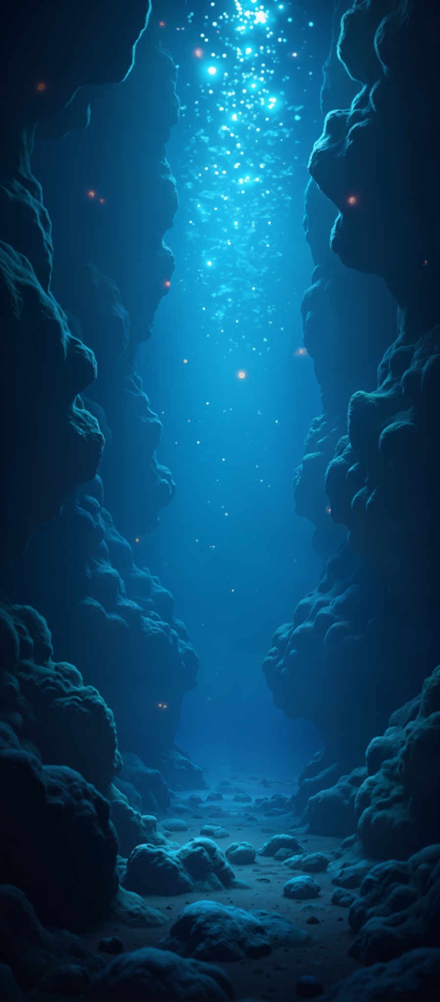 A deep blue underwater scene with a bright light in the center.