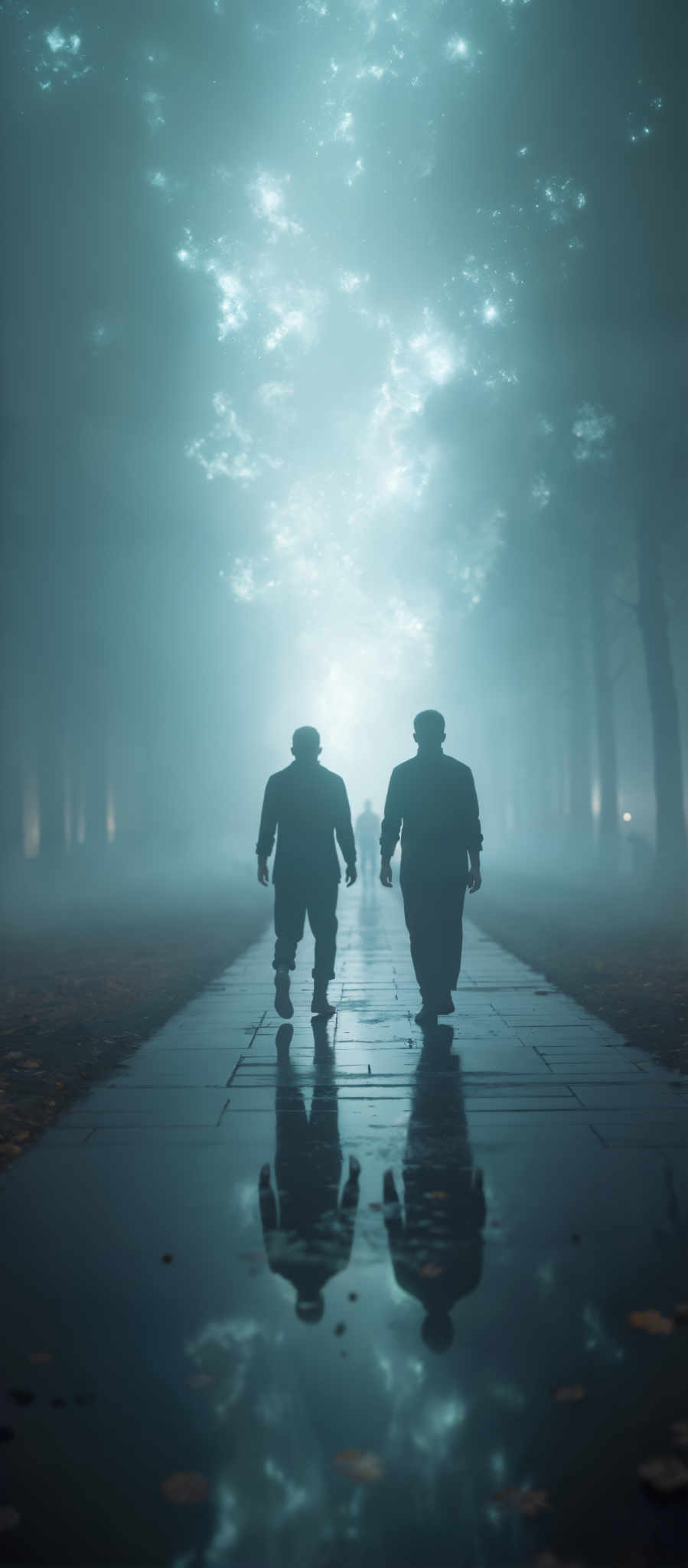 Two men walking down a foggy path.