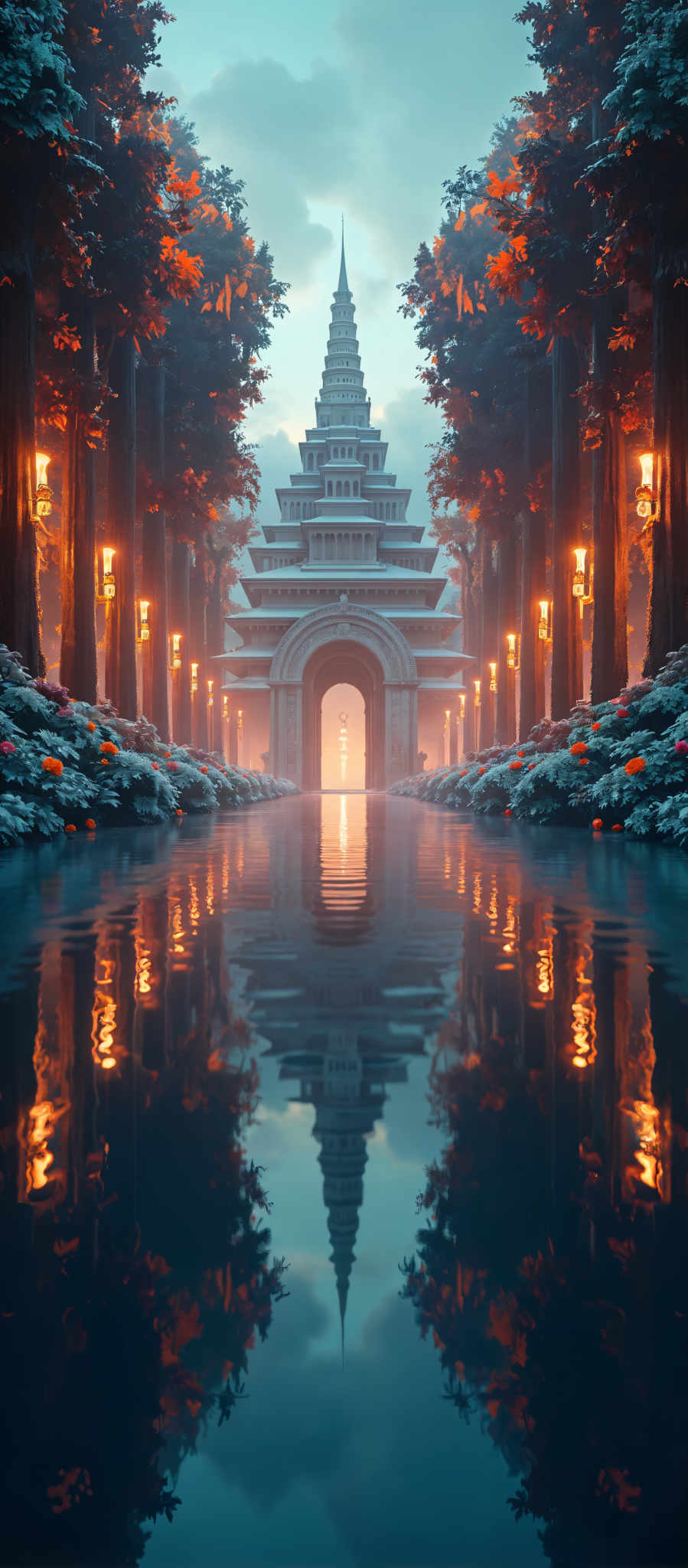 A serene scene of a temple at night. The temple a grand structure with multiple levels is bathed in a soft ethereal light. It is nestled amidst a grove of trees their leaves a vibrant green. The trees are adorned with orange flowers adding a splash of color to the scene. The sky above is a deep mysterious blue enhancing the overall tranquility of the scene.

The temple is illuminated by a series of orange lights that line its path guiding visitors towards the entrance. The entrance itself is an archway its design simple yet elegant. It stands as a welcoming portal inviting one to explore the wonders that lie within the temple.

The image is a beautiful representation of a peaceful night at a temple with the temple and its surroundings bathed under the soft glow of the orange lights. The scene is a testament to the beauty of nature and the architectural prowess of human beings. It's a snapshot of a moment of calm and serenity captured in time.