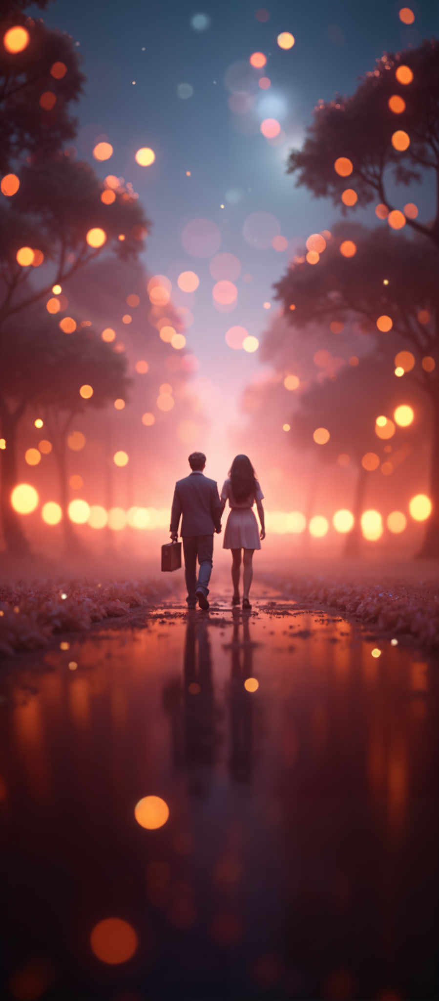 A man and woman walk down a path with a pink and orange glow.