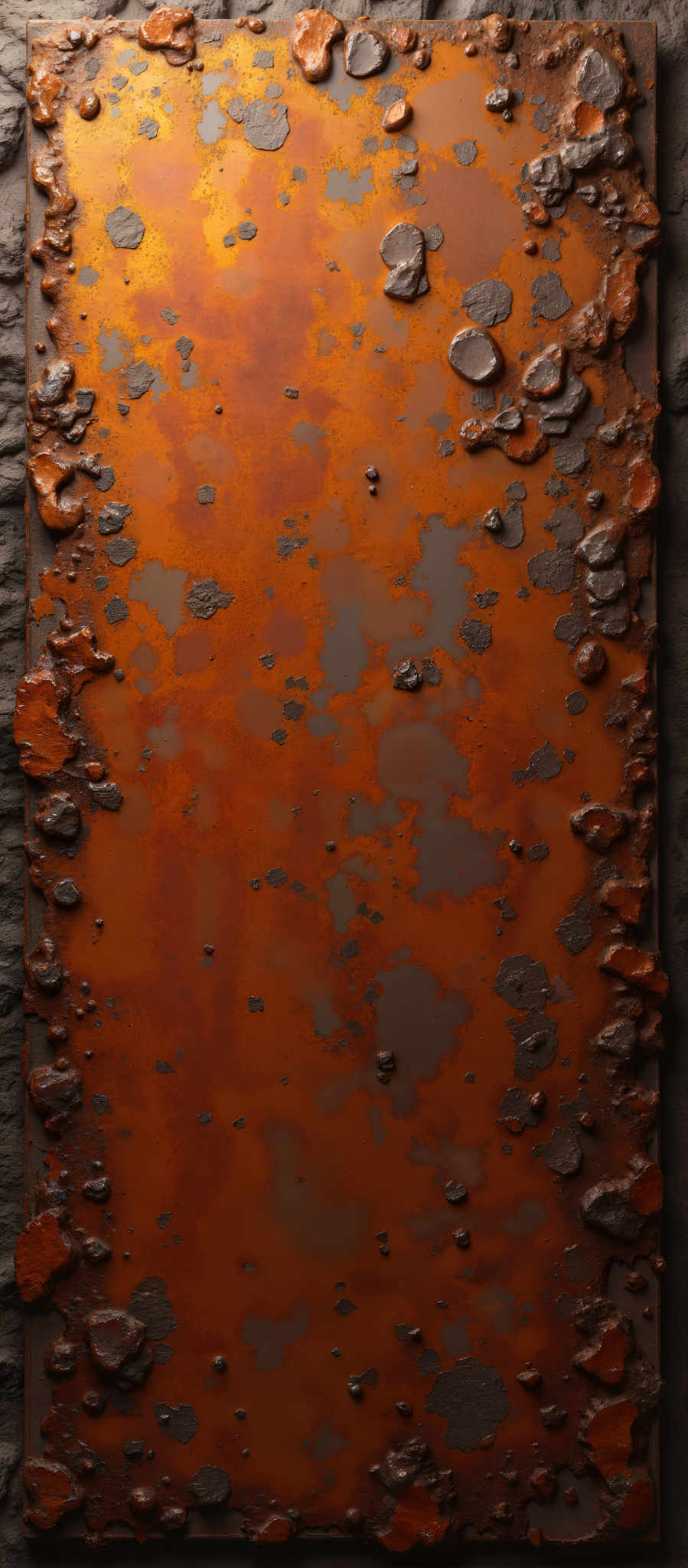 A rusted metal sign with holes and spots on it.