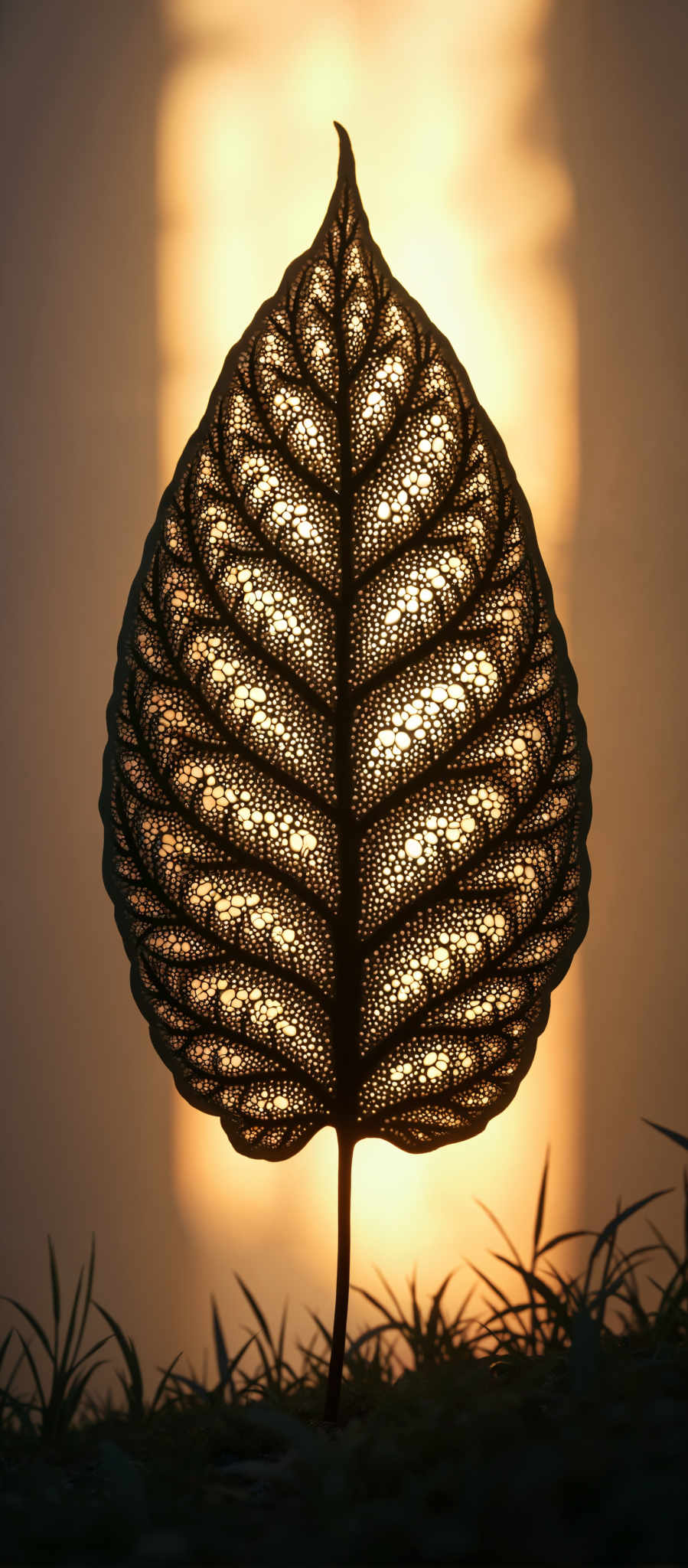 A black lamp with a leaf design on it.