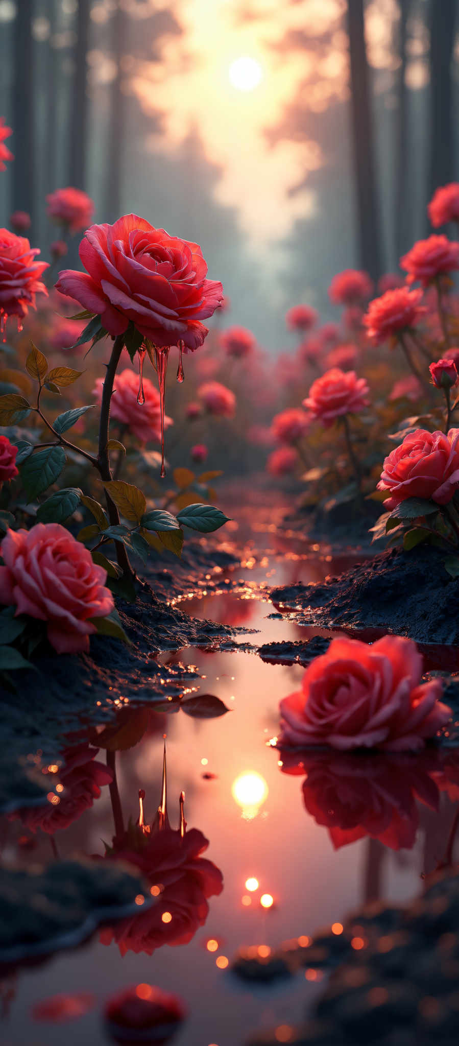 A beautiful garden scene with a stream of water and pink roses.