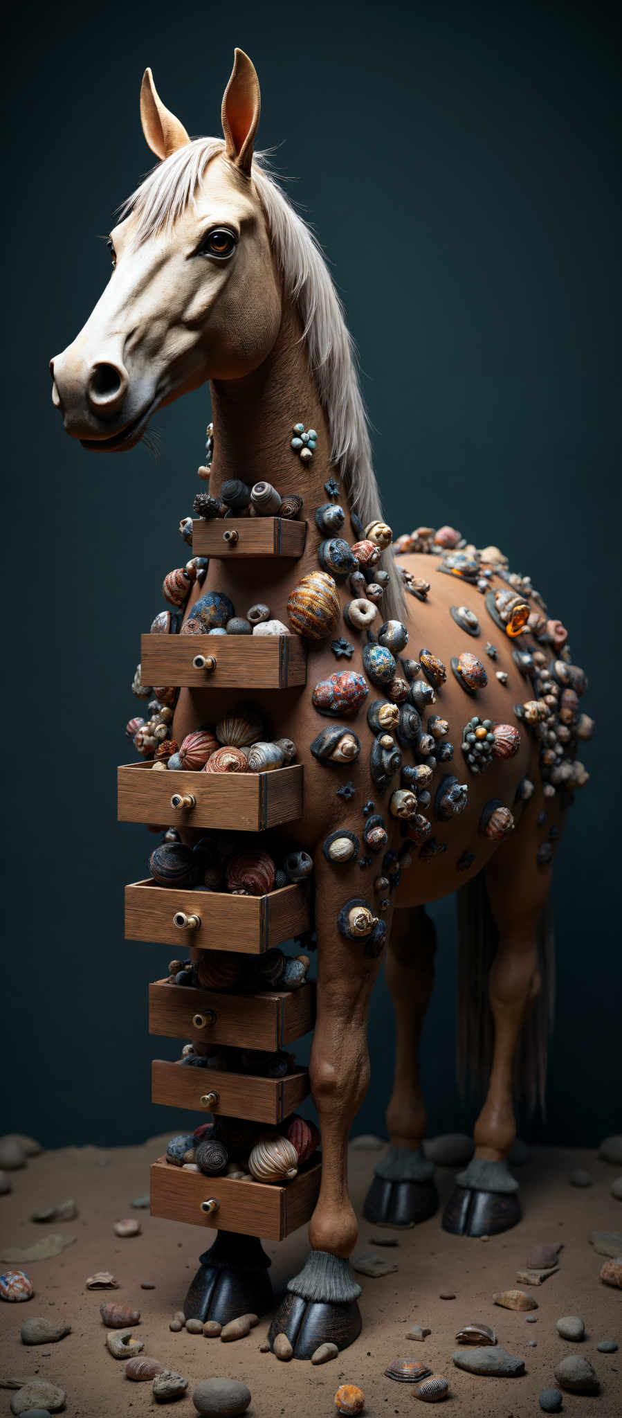 A horse statue with a wooden chest on its back. The chest is filled with seashells and other trinkets.