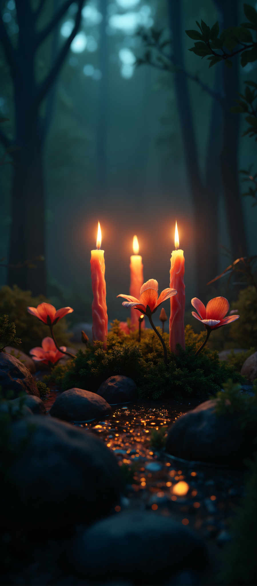 A group of candles with flowers on a rock.