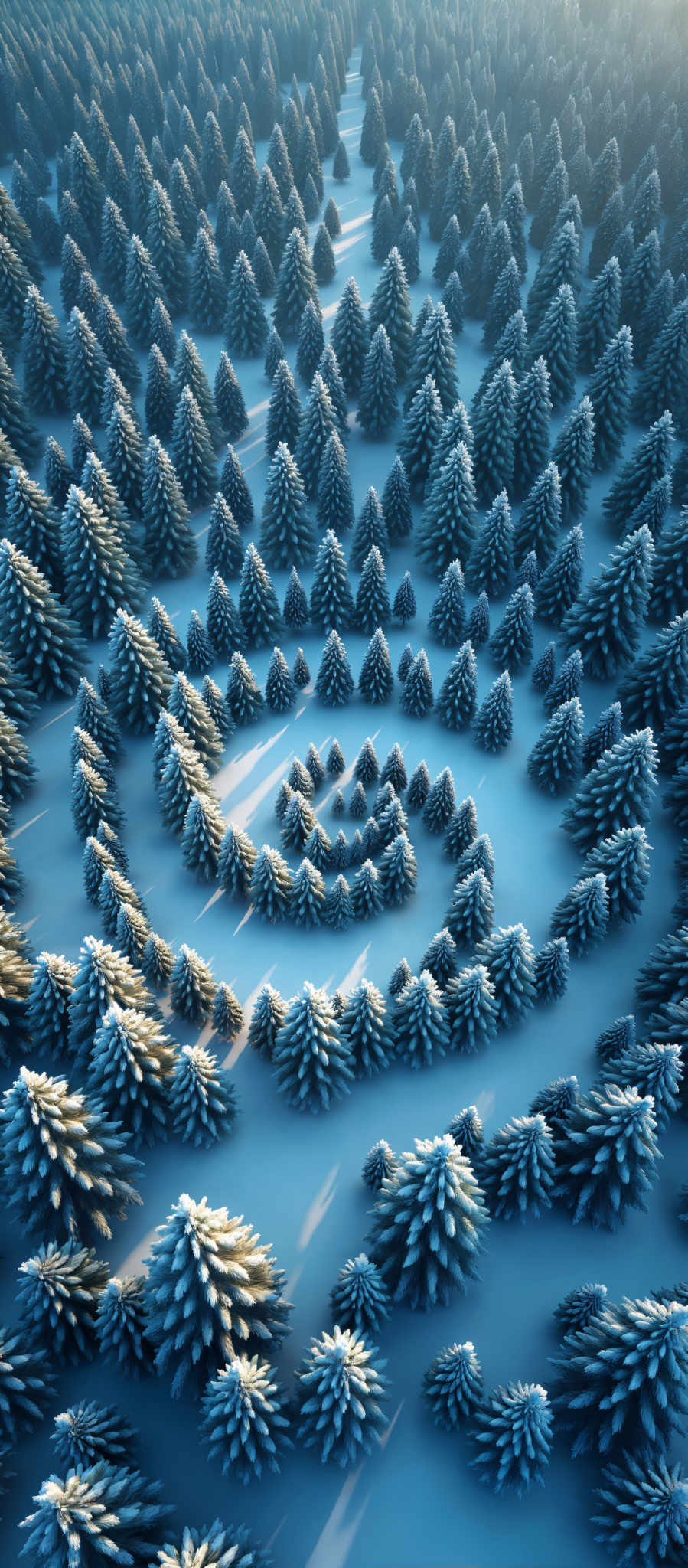 A 3D rendering of a forest of pine trees. The trees are blue and have snow on them. The forest is circular in shape.