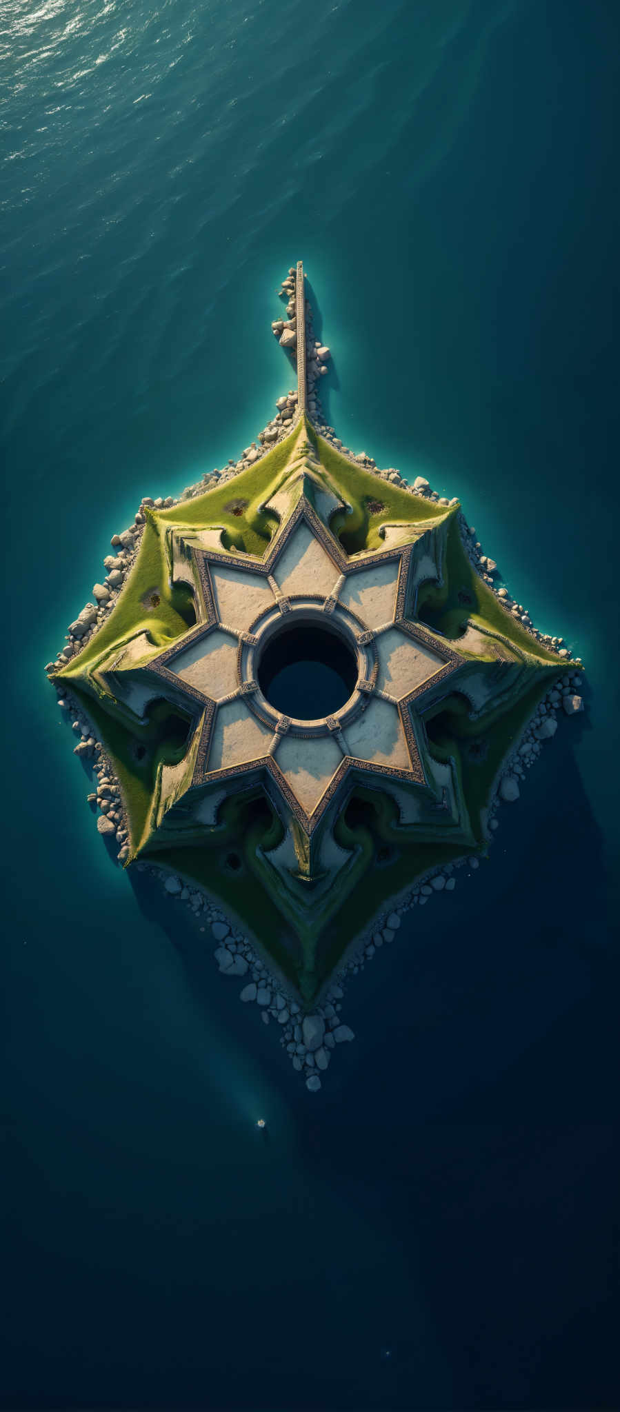 A unique geometrically shaped building with a circular hole in the center. The building is constructed from rocks and grass giving it a natural organic appearance. The colors are predominantly green and blue with some brown and gray accents. The structure is situated in the middle of a body of water surrounded by rocks and plants. The image does not contain any text or discernible actions. The relative positions of the objects suggest a carefully planned and executed design with the building as the central focus. The surrounding water and rocks provide a serene and tranquil setting. The overall impression is one of harmony between architecture and nature.