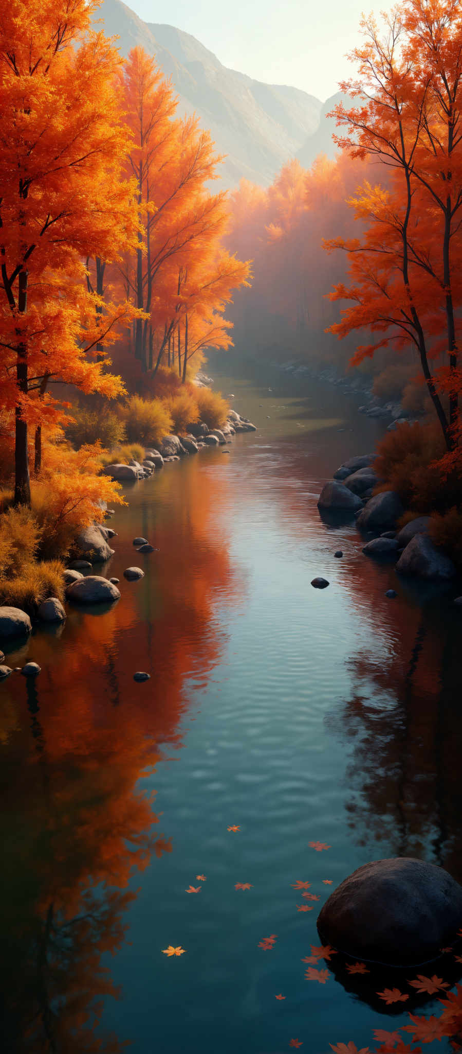 A serene autumn scene with a river flowing through the center. The river reflecting the colors of the surrounding trees is surrounded by rocks and boulders. The trees ablaze with the colors orange yellow and red line the riverbanks their leaves creating a beautiful canopy. The sky above is a hazy blue adding to the tranquility of the scene. The image captures the essence of autumn with its vibrant colors and peaceful atmosphere.