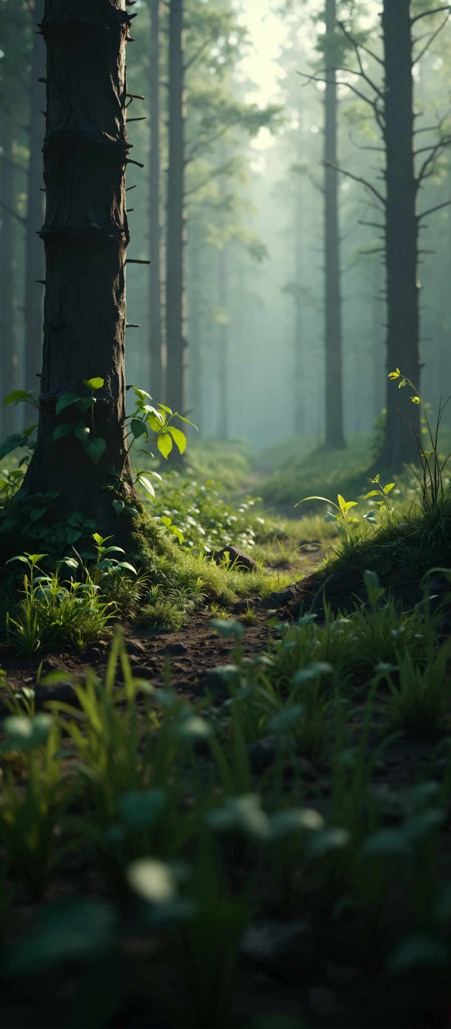 A forest scene with a tree trunk and green leaves.