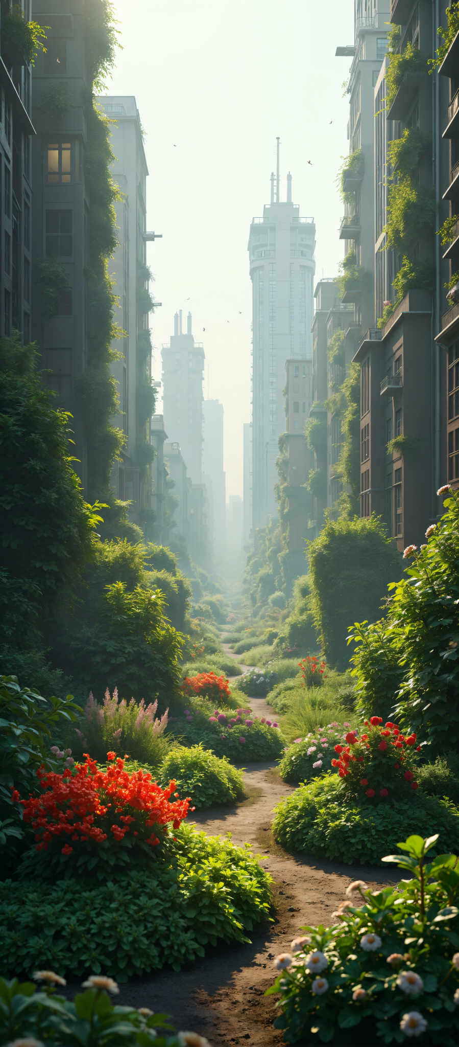 A city street with tall buildings and a garden with red flowers.