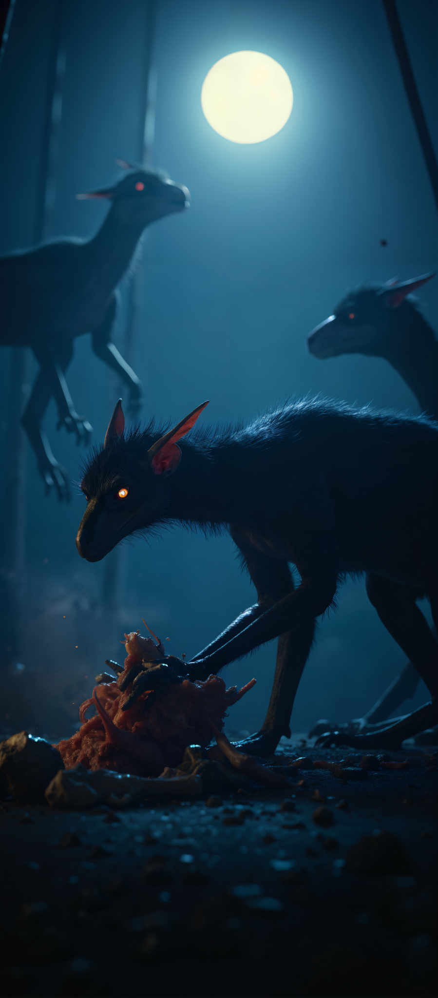 A black creature with glowing eyes and sharp teeth is holding a small creature in its mouth.